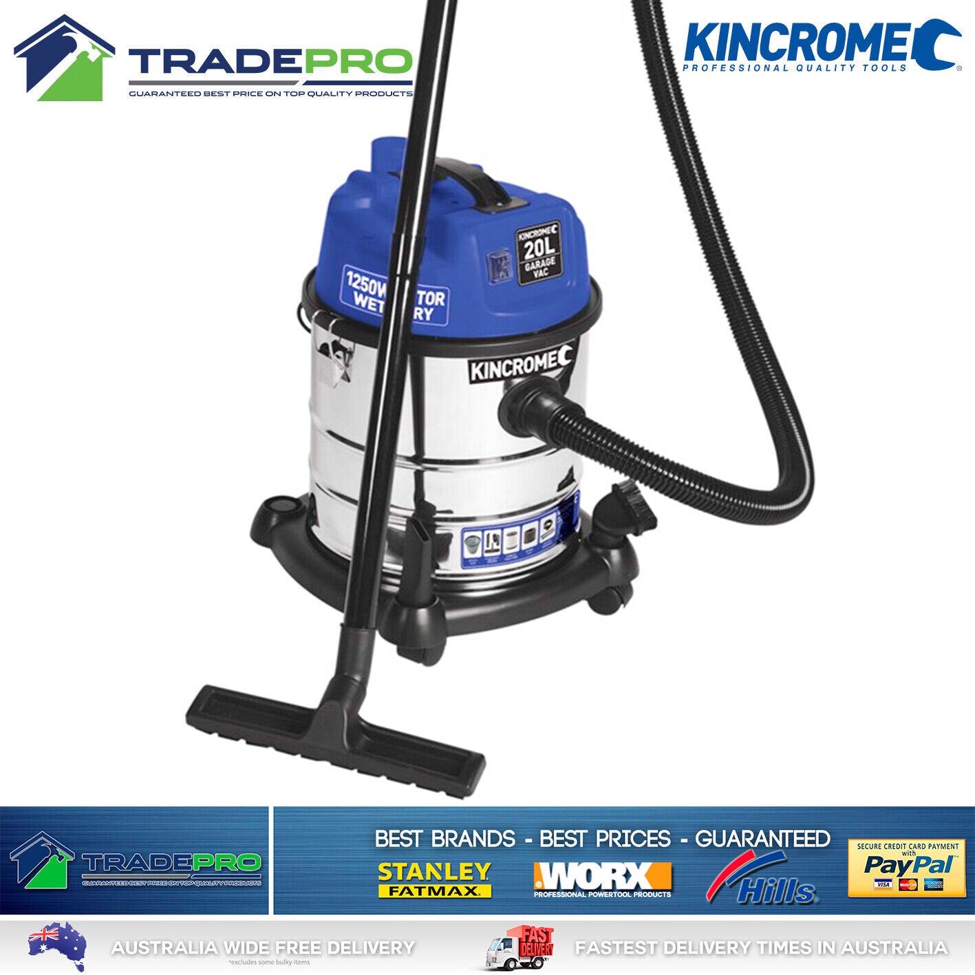 Kincrome Vacuum Cleaner Wet & Dry Commercial Work Shop 1250W Kit 20L PRO Vac