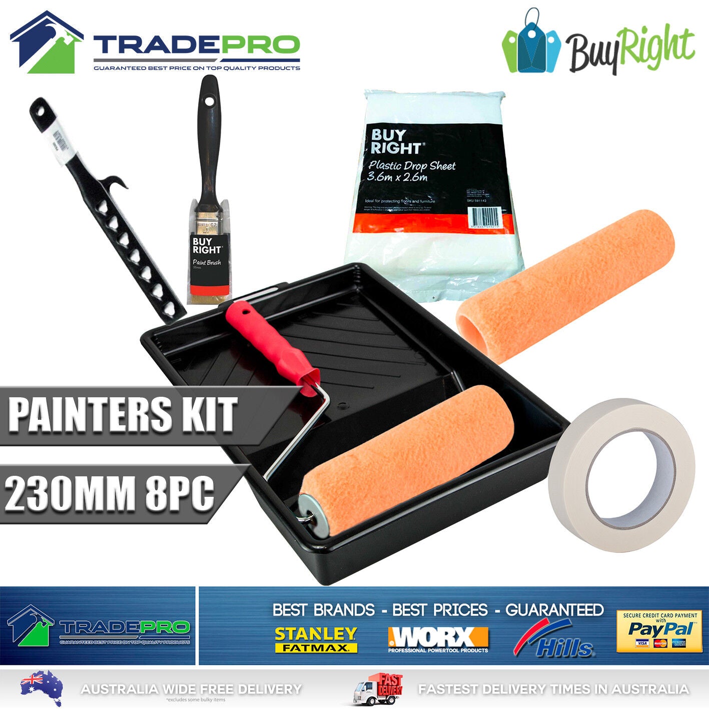 Paint Roller Kit 8pc 230mm 9" Brush Masking Tape Stirrer Roller Cover 5557897