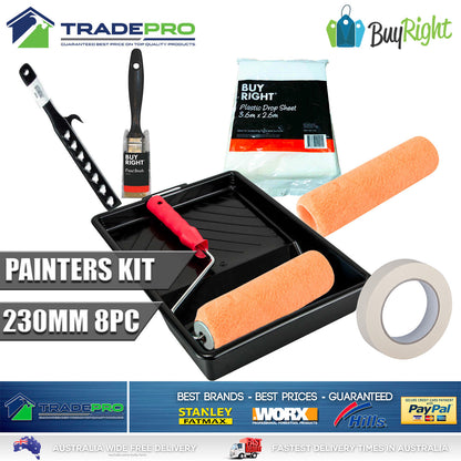 Paint Roller Kit 8pc 230mm 9" Brush Masking Tape Stirrer Roller Cover 5557897