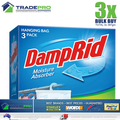 3x DampRid Hanging Moisture Absorber 397g Damp Rid Packs Model Mould Odour Kill