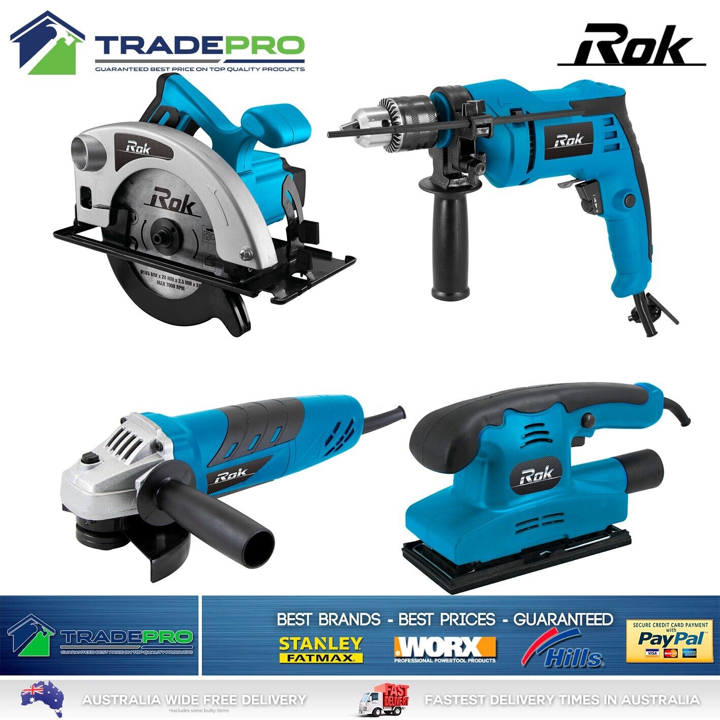 Rok Combo Kit Angle Grinder Circular Saw Electric Drill Sander Set 240 TradePro Hardware