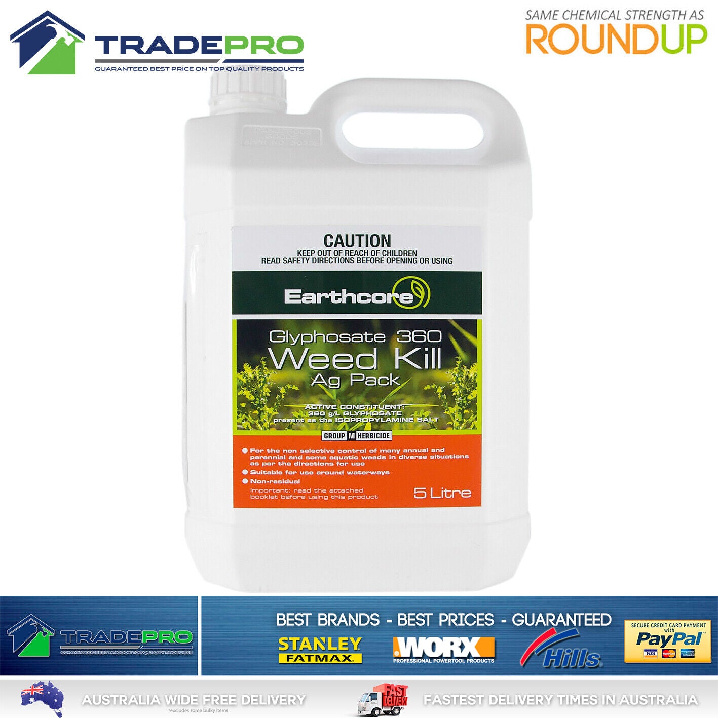 Glyphosate Weed Kill 360gL 5L Glypho PRO Herbicide Killer Spray Eqv/ Roundup LTR