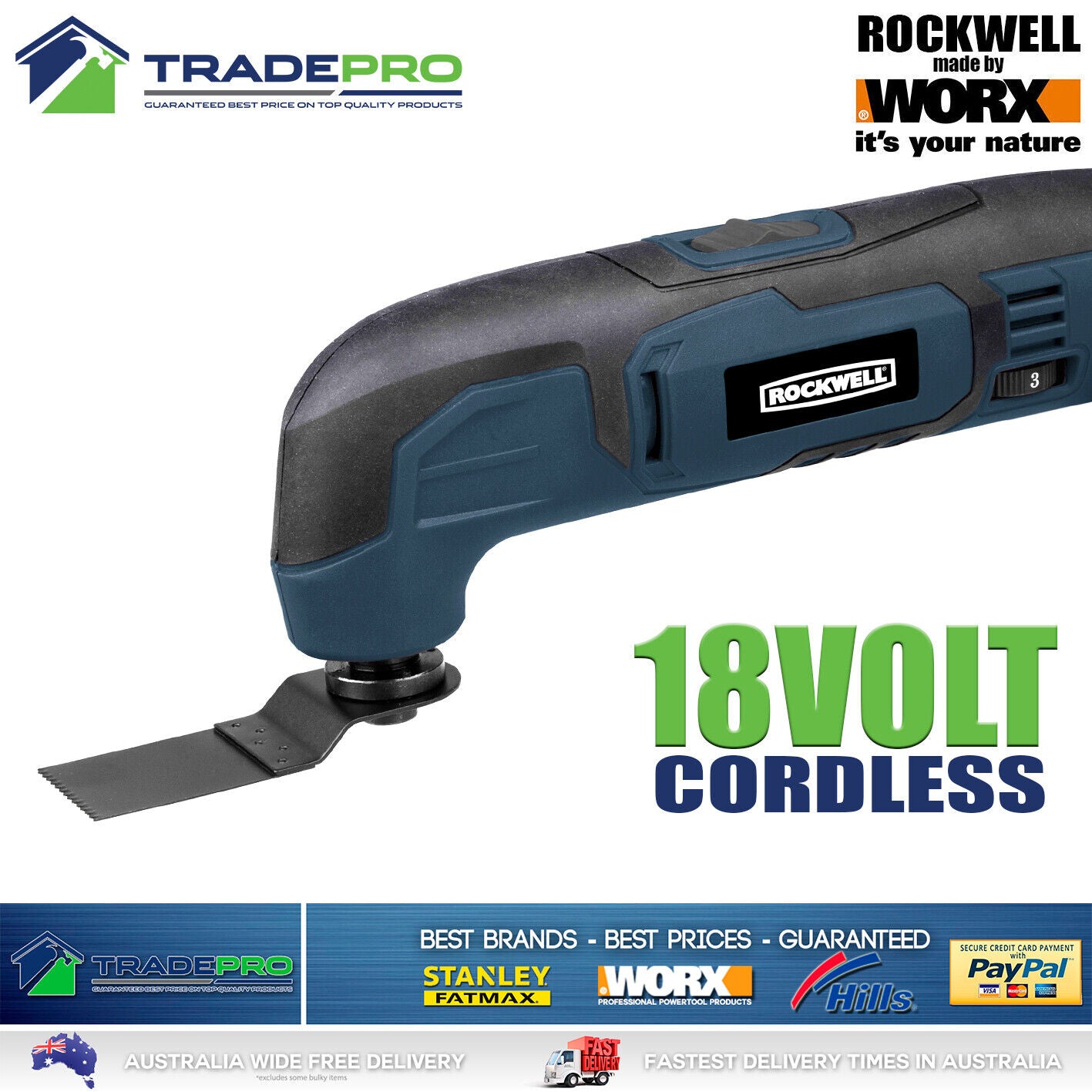 Oscillating Multi Function Sonic Tool 18V H/Duty 7pc Kit Rockwell® by Worx Naked