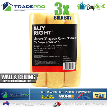 Paint Roller Cover 270mm 3pc Pack 12mm Nap Quality Water Oil Based Paint Rollers