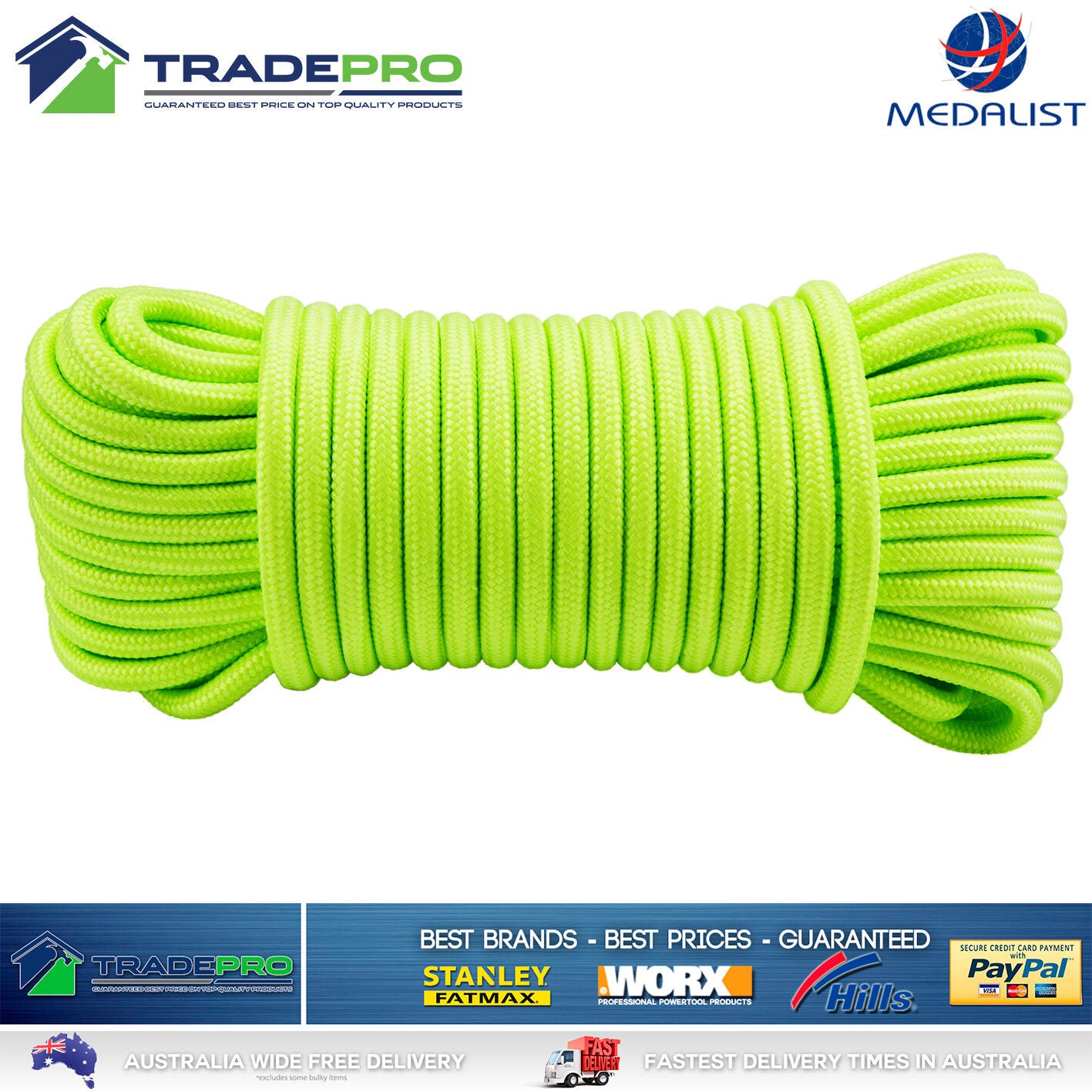 Rope 20m Multi Braided 8mm Thick HiVis All Purpose Car Boat Trailer Outdoor Cord