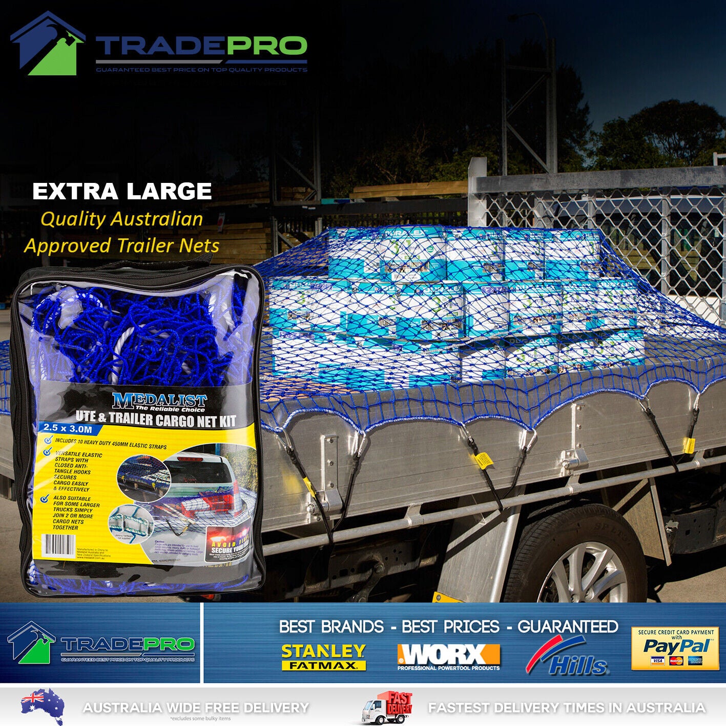 Cargo Net Ute Trailer Heavy Duty 2.5x3.0m Aust Legal with 10x H/Duty Tie Downs