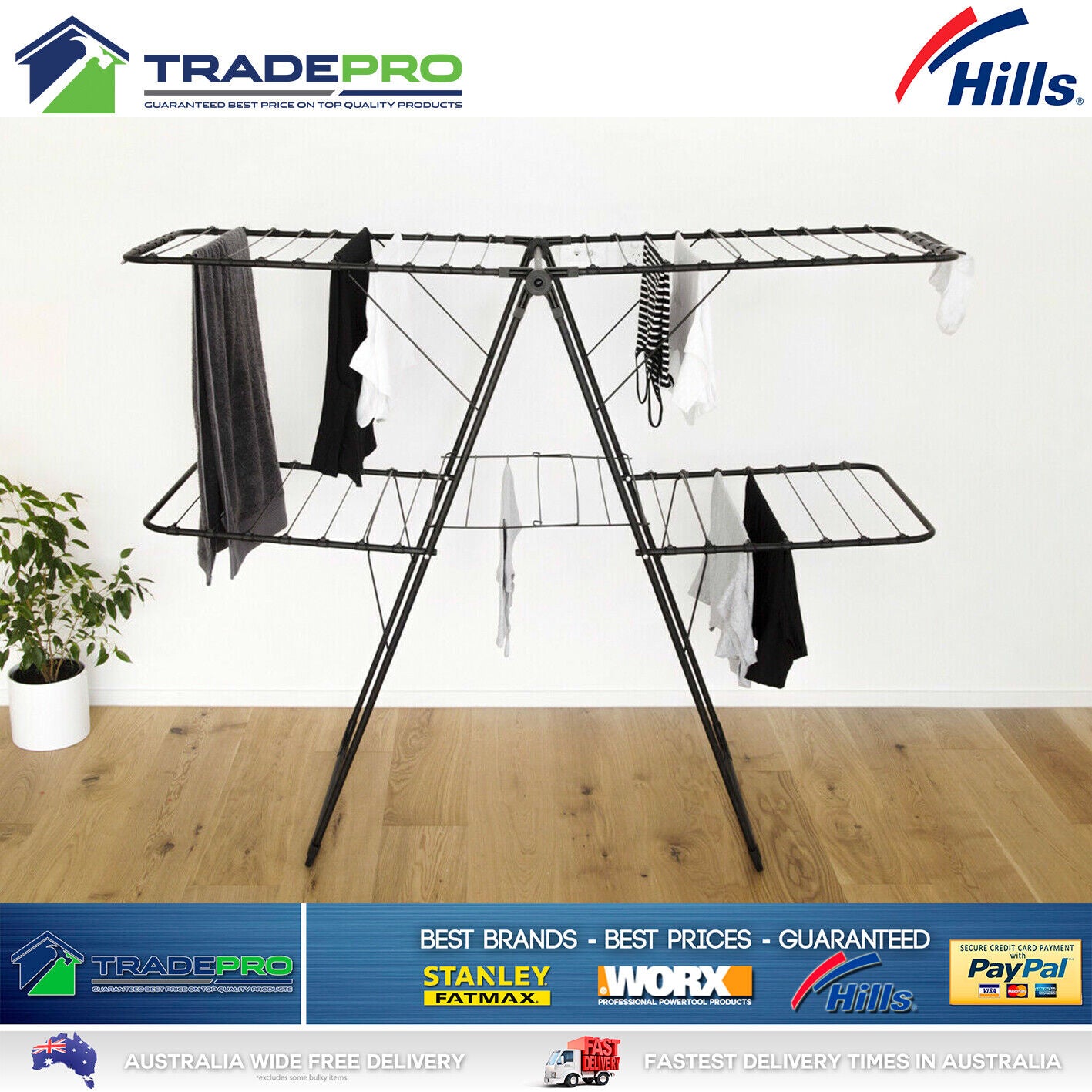 Hills Clothes Line Airer Stainless Steel Black Two Tier Portable Drying Rack 31m