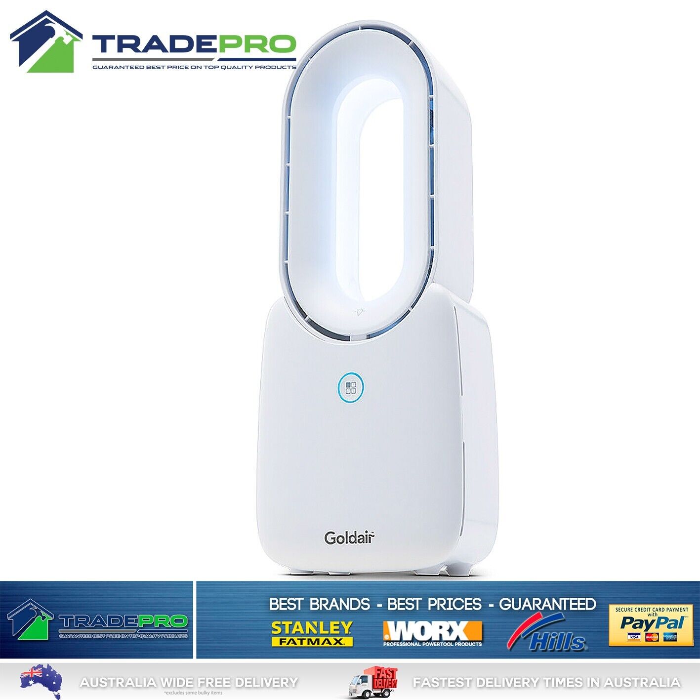 Goldair Tower Desk Fan 3 Speed Bladeless LED Colour Change Rechargeable White
