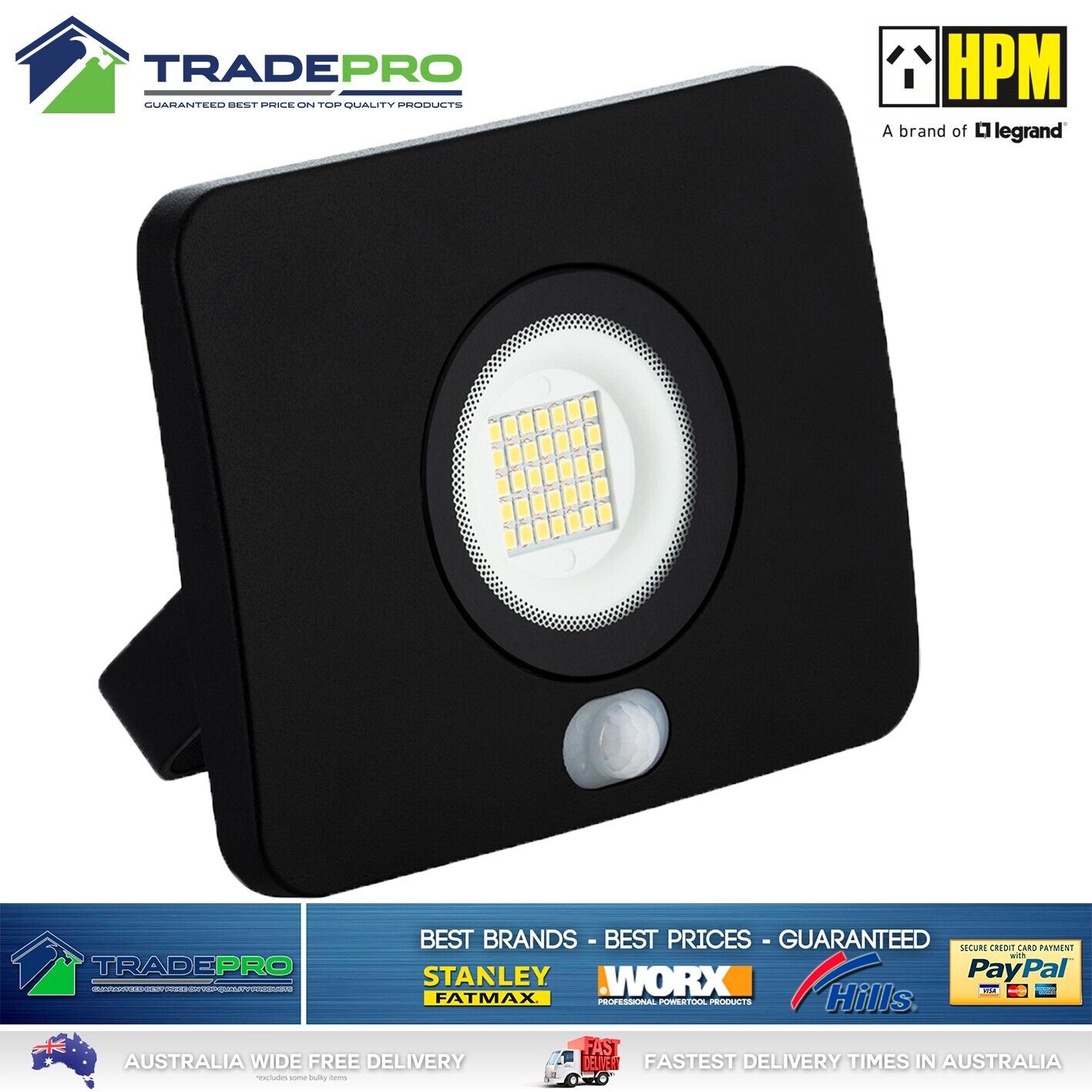 HPM LED Light Floodlight Slim Black 20W Sensor Outdoor Security Weather Resist