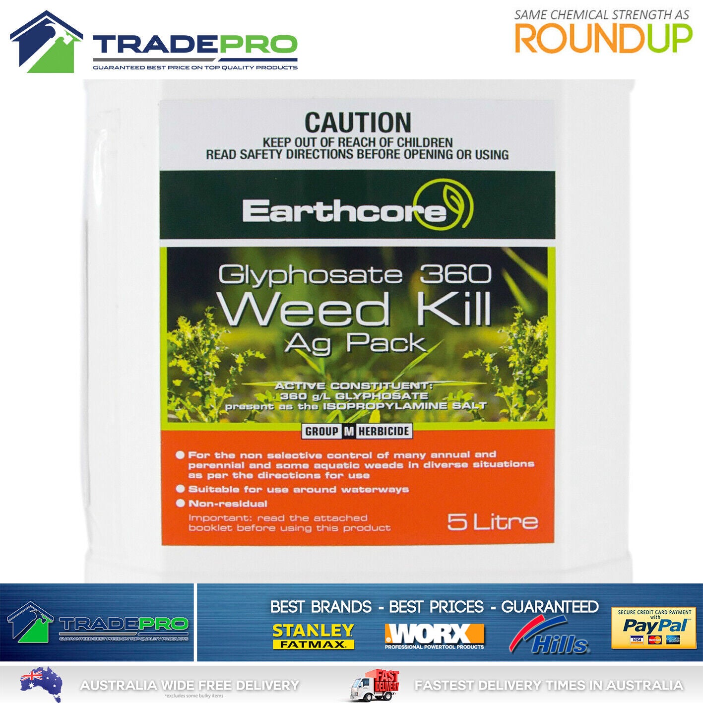 Glyphosate Weed Kill 360gL 5L Glypho PRO Herbicide Killer Spray Eqv/ Roundup LTR