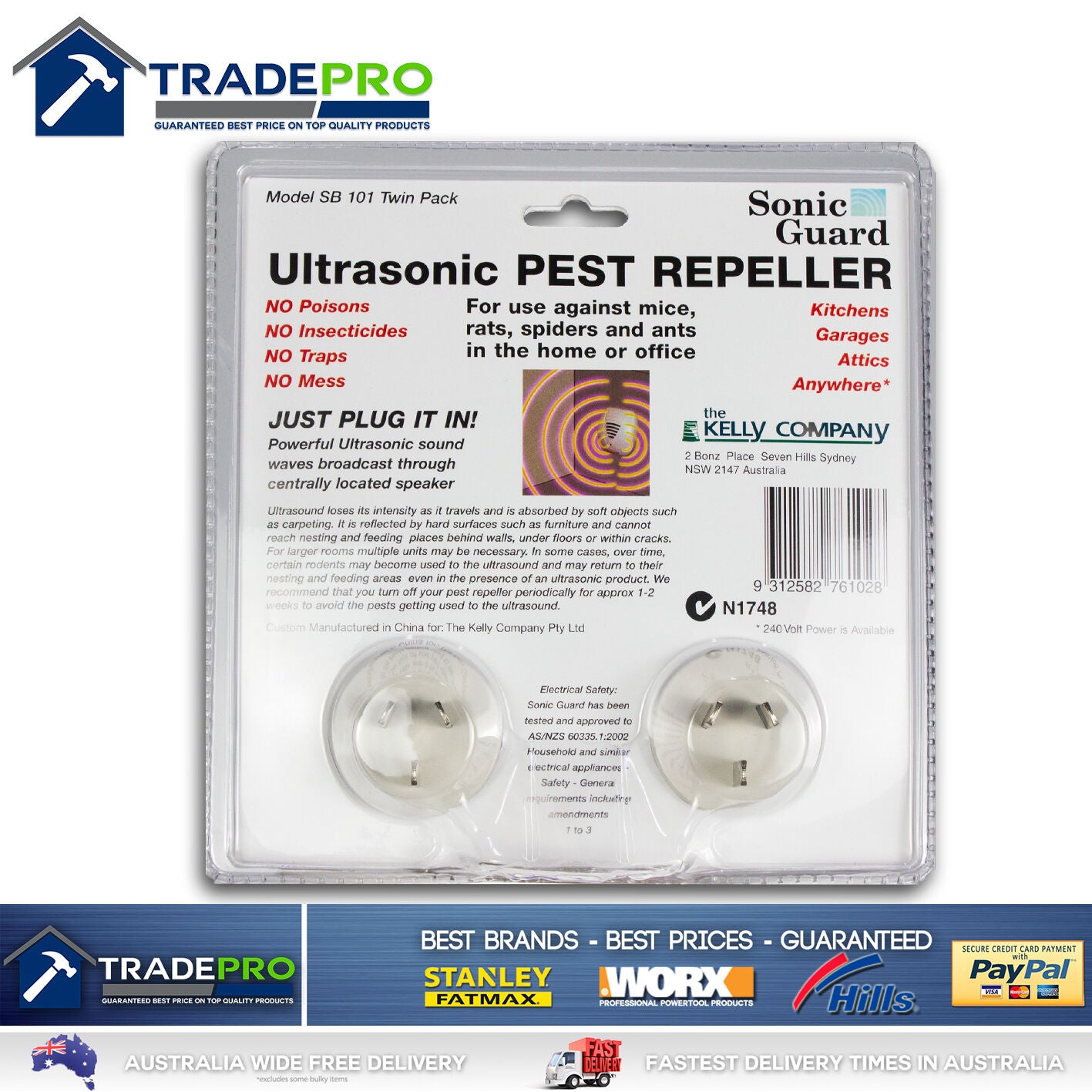 Sonic Pest Repeller Ultrasonic Twin Pack Mice Rat Ant Spider Vermin Control 240v