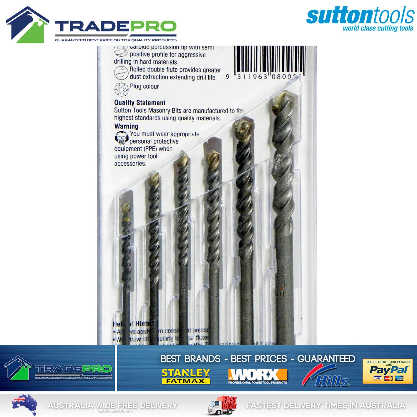Genuine Sutton 6pc Masonry Drill Bit Tool Set With Case Concrete Tiles Bricks