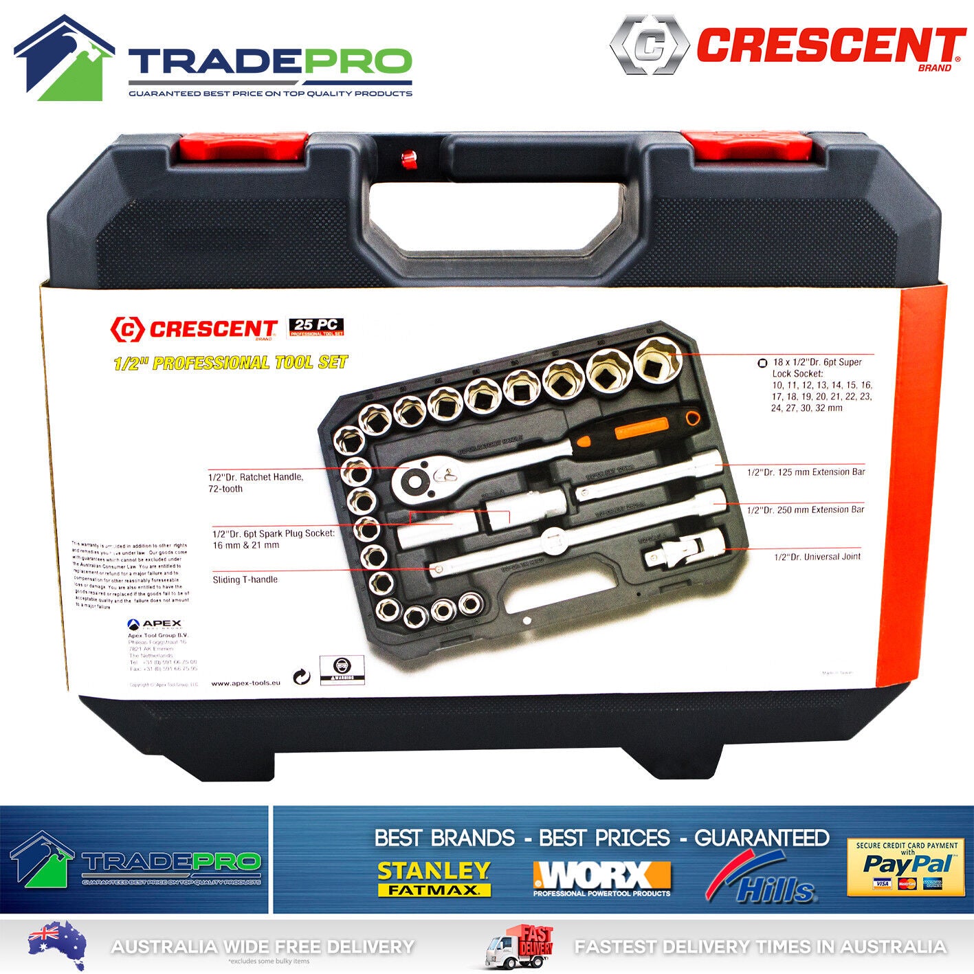 Crescent PRO Socket Set 25pc 1/2" Drive Quick Release Metric Heavy Duty Mechanic