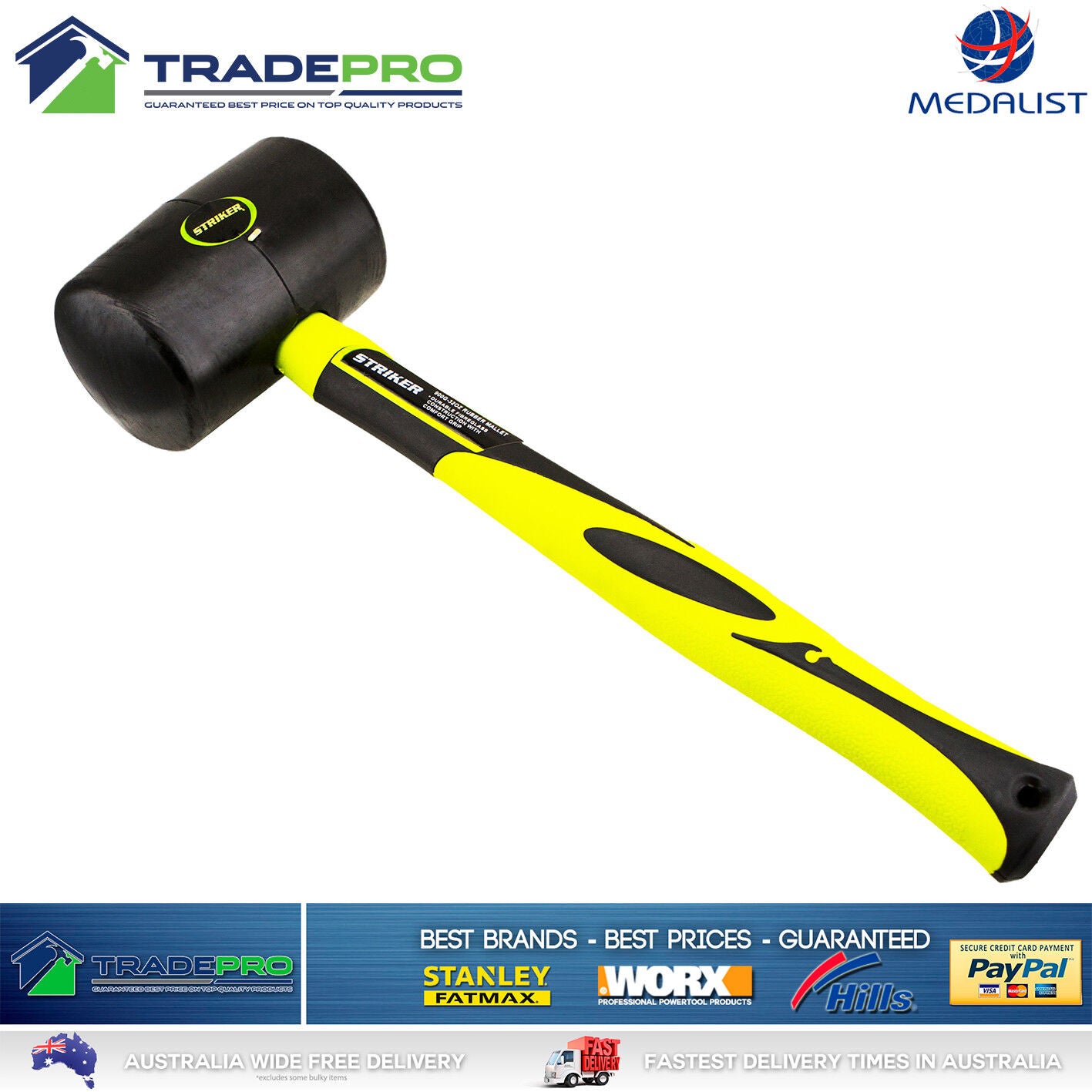 Rubber Mallet Hammer 900g 32oz Genuine Striker® PRO H/Duty Fibreglass Handle