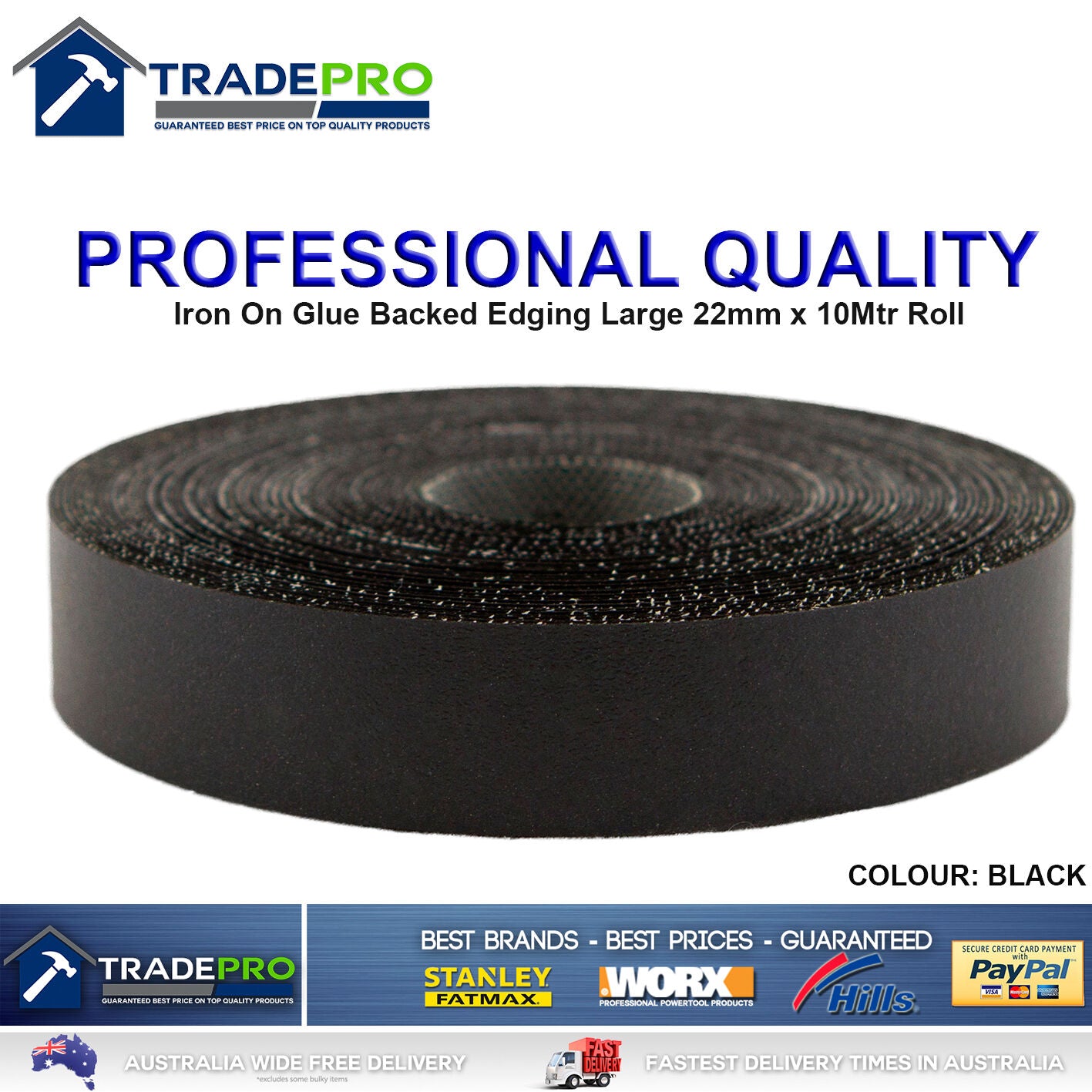 Black Melamine Edge Tape 22mm x 10m ICON® Iron On Glued Veneer Edging Laminate