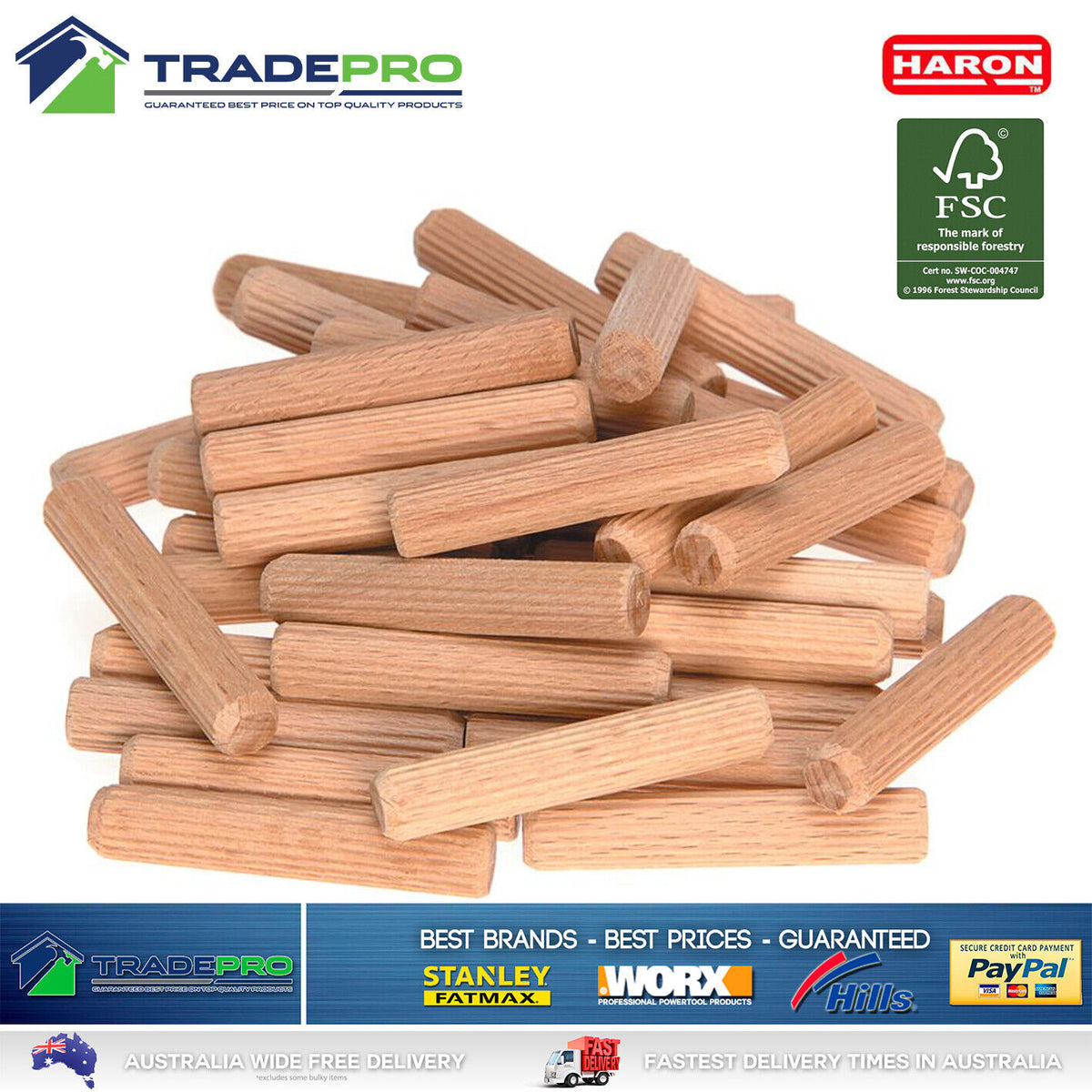 Craft Hardware Dowels 8mm x38mm 50PC Fluted Wooden Hardwood Timber Dowel Pins Craft C ...