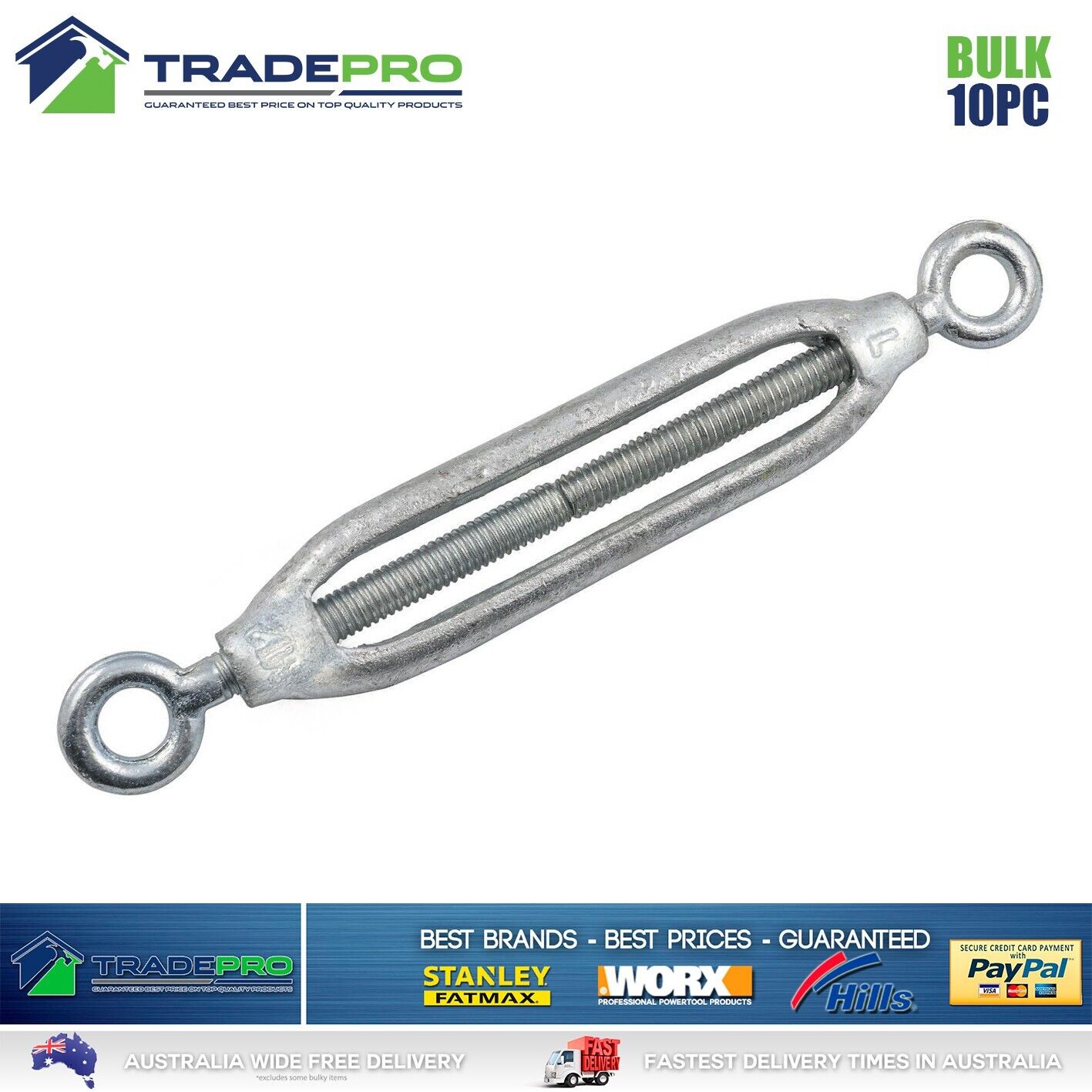 12mm Galvanised Head And Eye Turnbuckle Thimble Kit Rope Tie Down Bulk 10PC PRO