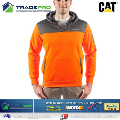 CAT Caterpillar Mens Genuine Hoodie Orange Hi-Vis 1/4 Zip Jumper Workwear Small