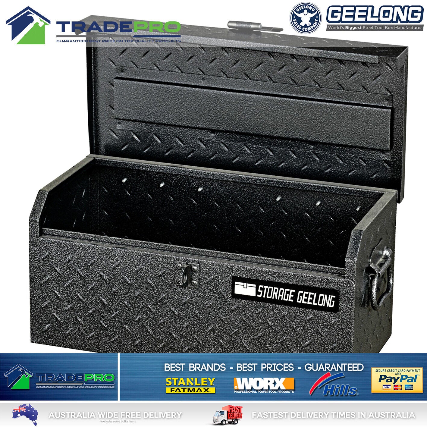 Toolbox Geelong® Trade Tool Box Chest 48cm Black Grey Steel Lockable Ute Storage