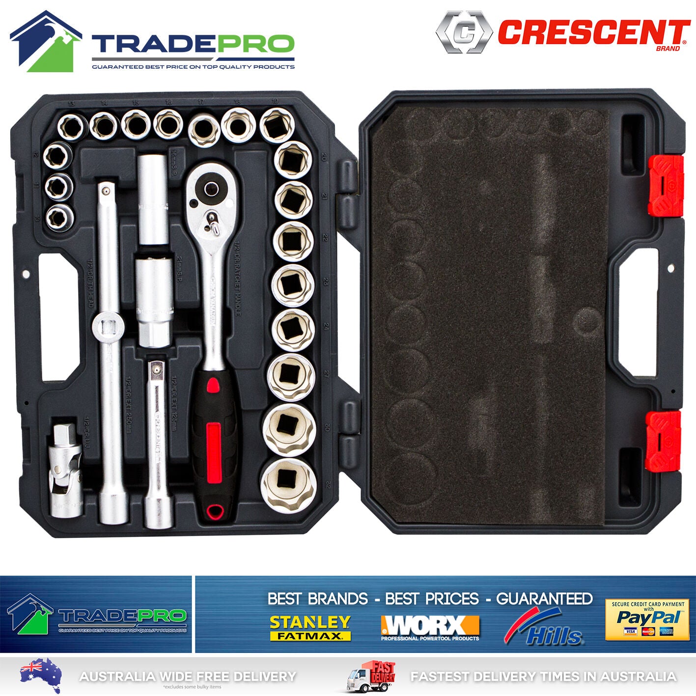 Crescent PRO Socket Set 25pc 1/2" Drive Quick Release Metric Heavy Duty Mechanic