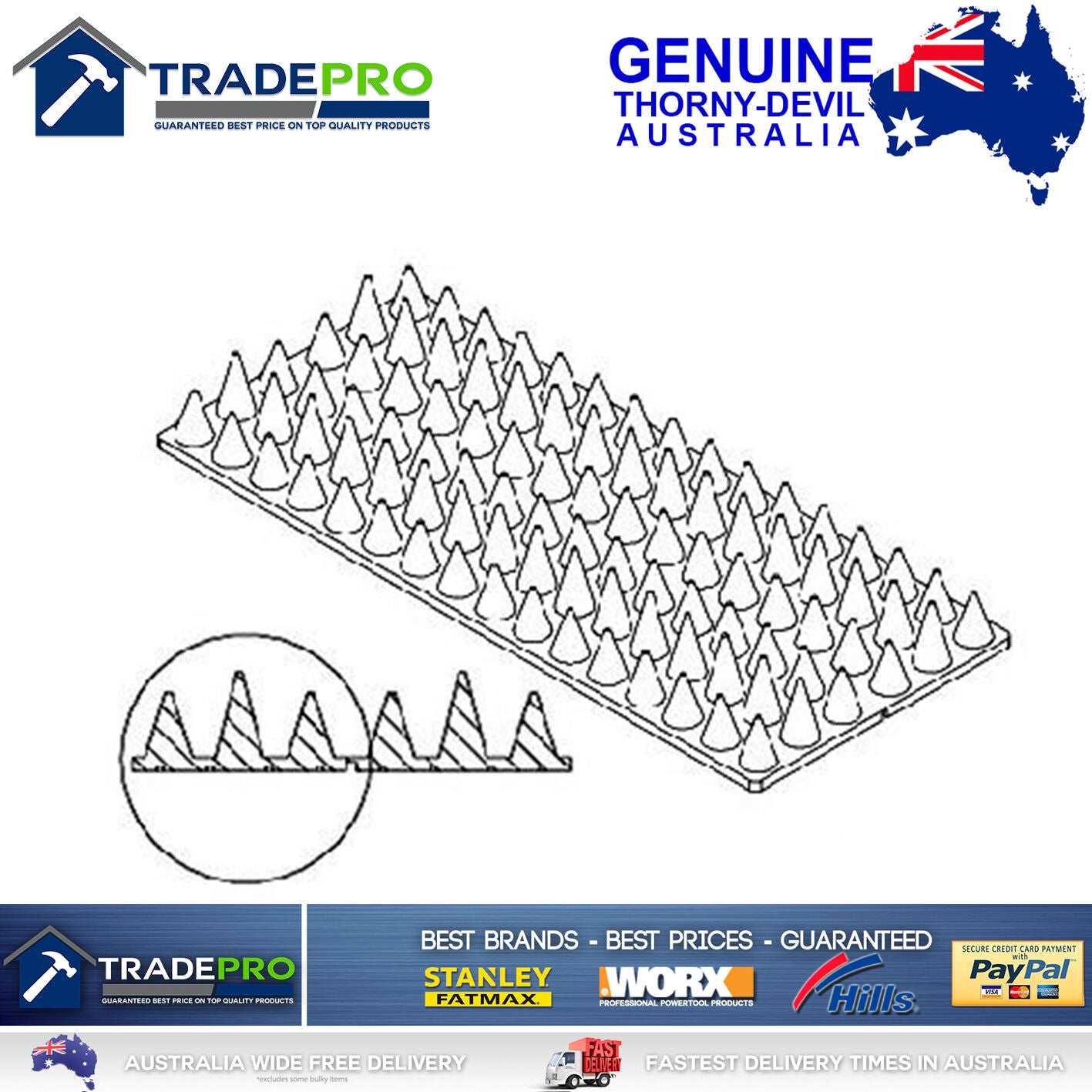 Thorny Devil® Spikes 21cm Grey PVC Human Bird Possum Fence Climbing Deterrent