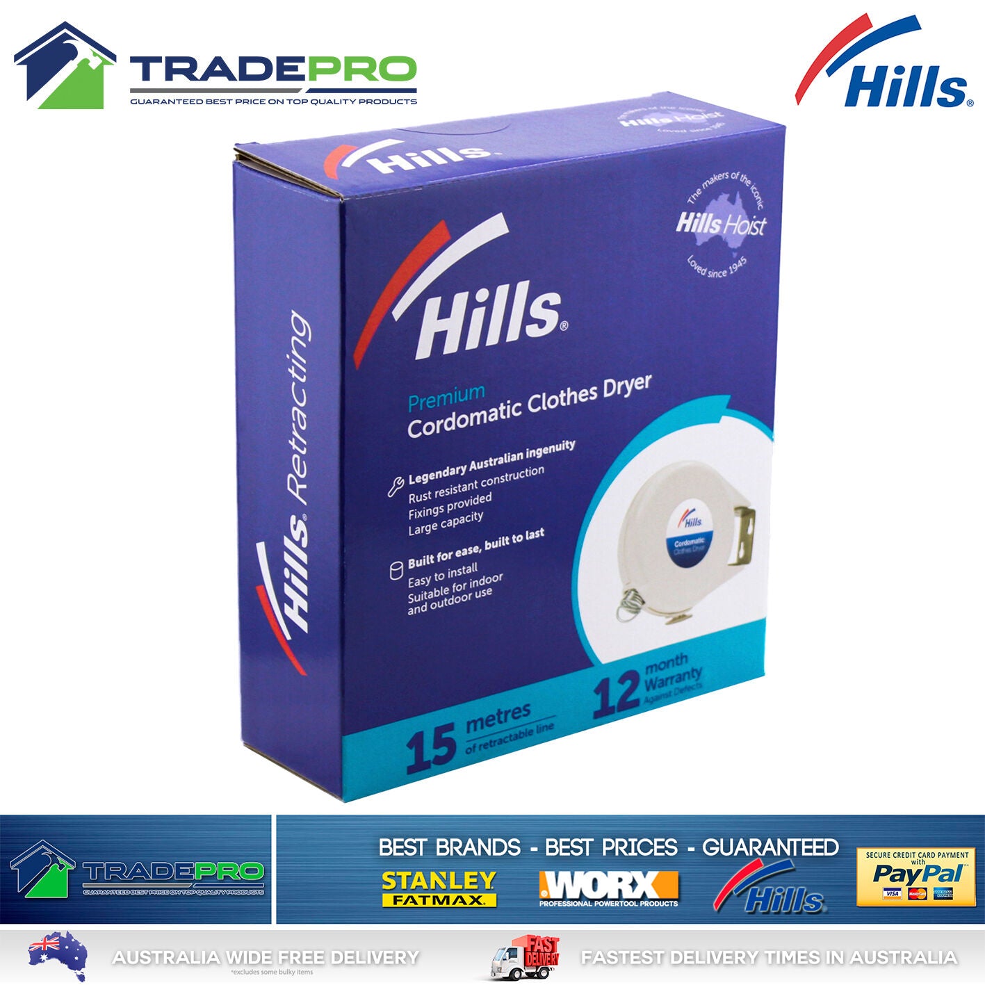 Hills® Cordomatic PRO Clothes Dryer Retractable Clothesline 15m Airer Single