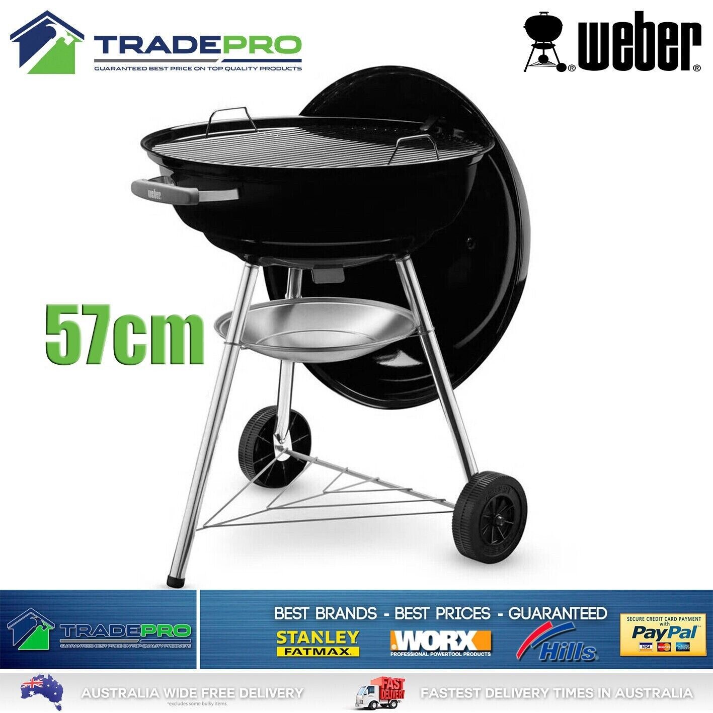 BBQ Weber Charcoal Kettle 57cm Grill with Hood &Wheels Black Barbecue Portable