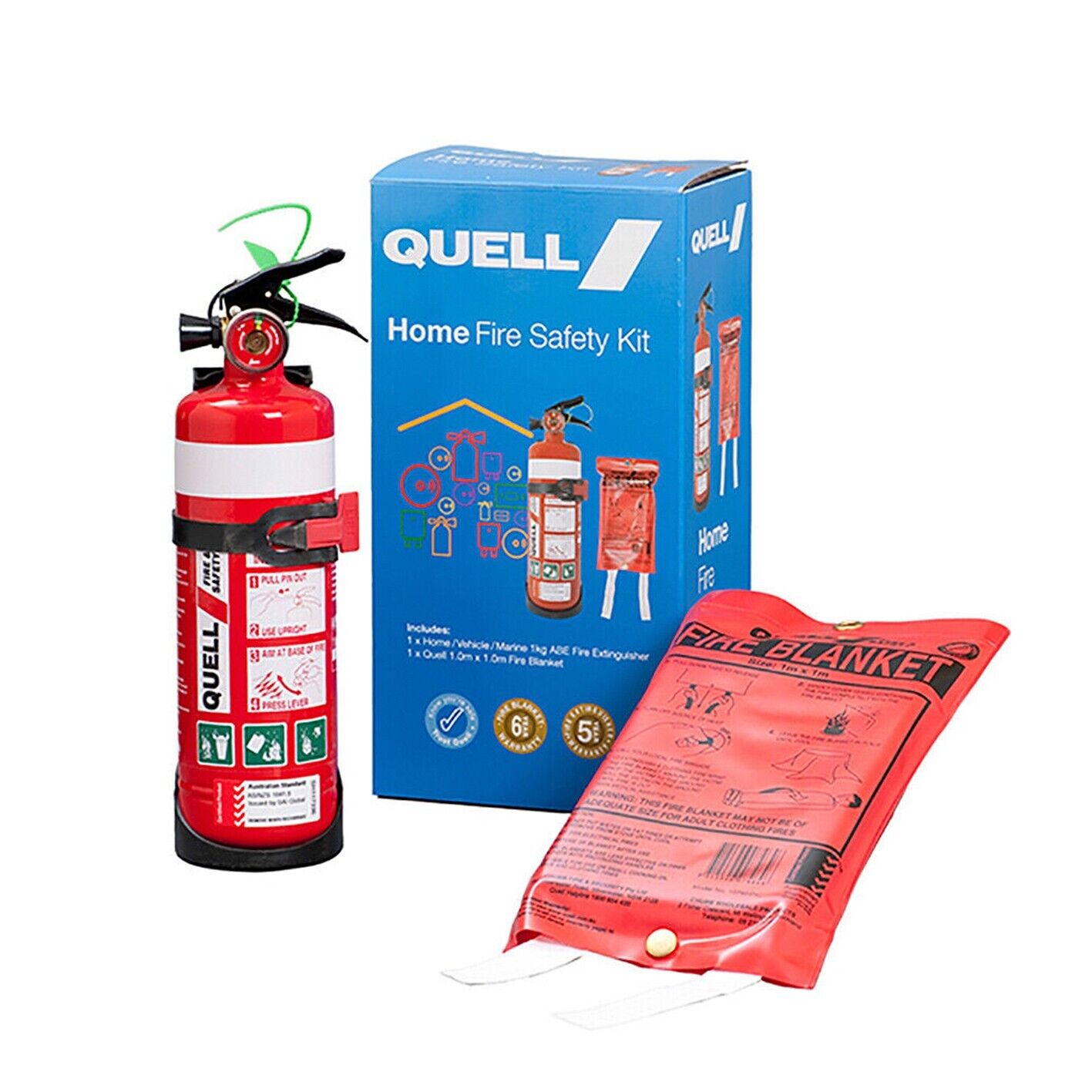 Fire Extinguisher 1kg Kit Quell Set Fire Blanket & Bracket Home Kitchen Safety