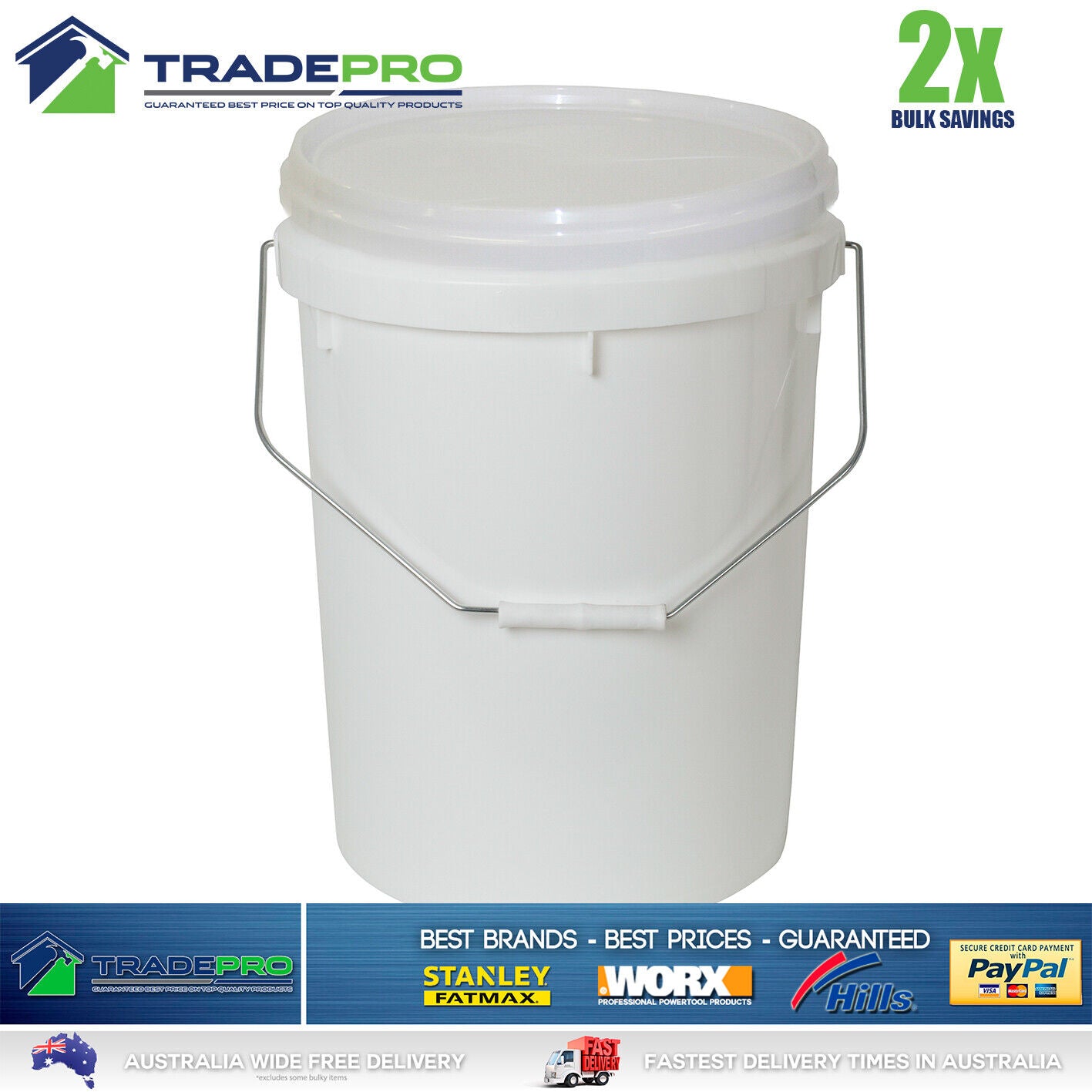 2x Quality Bucket with Lid & Handle 20Ltr H/Duty Premium Plastic Food Grade 20L
