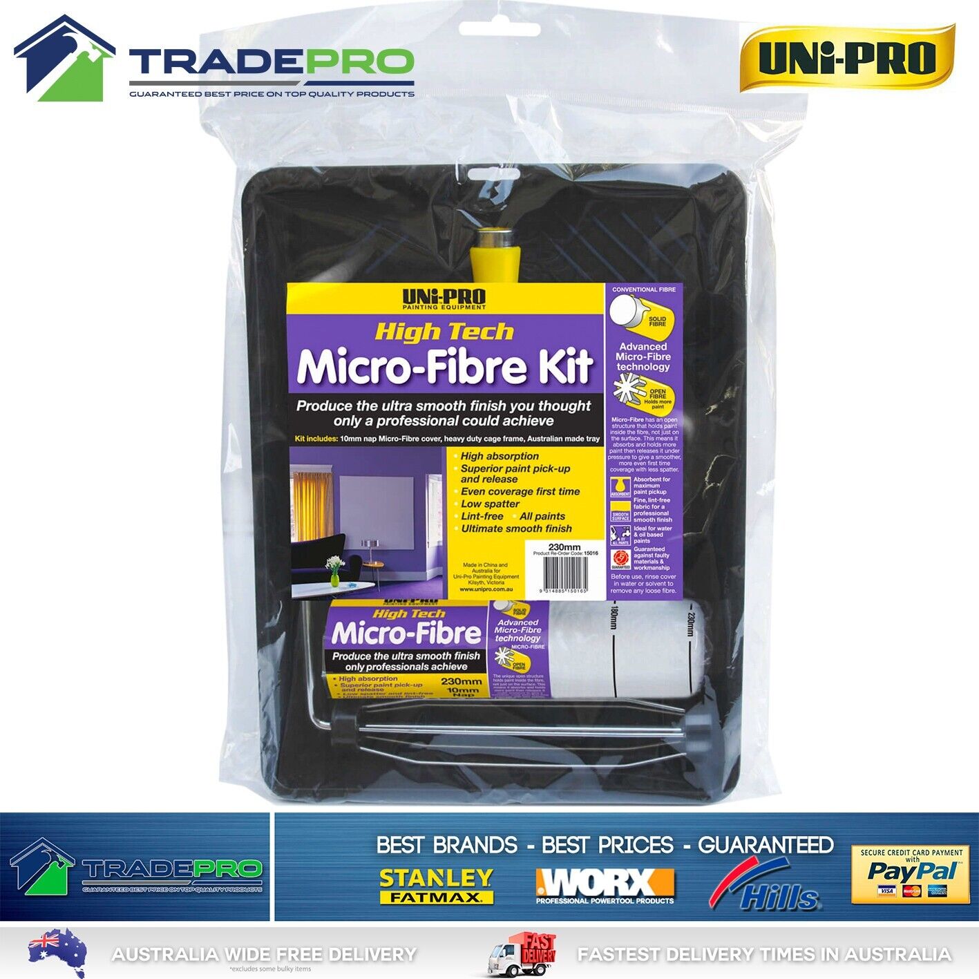 Paint Roller Kit Uni-Pro Micro-Fibre 230mm Cover & Tray Heavy Duty Set PRO