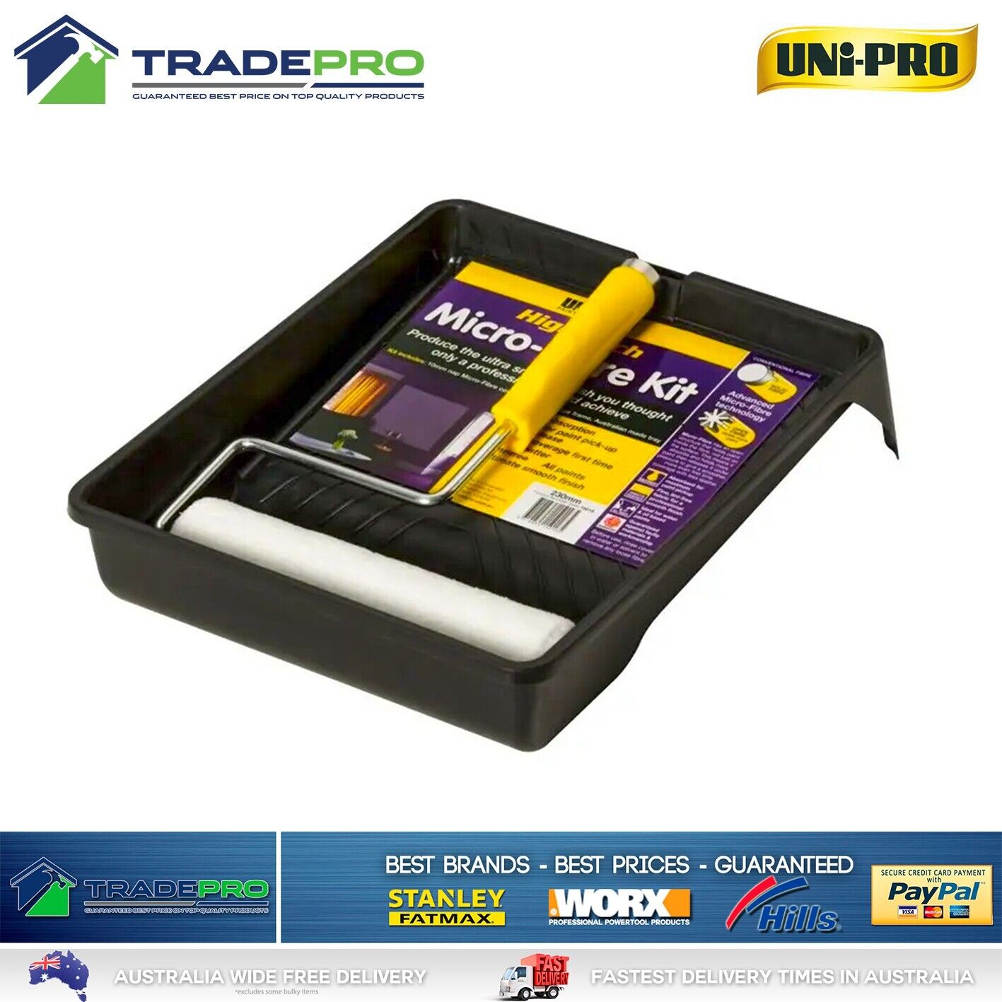 Paint Roller Kit Uni-Pro Micro-Fibre 230mm Cover & Tray Heavy Duty Set PRO