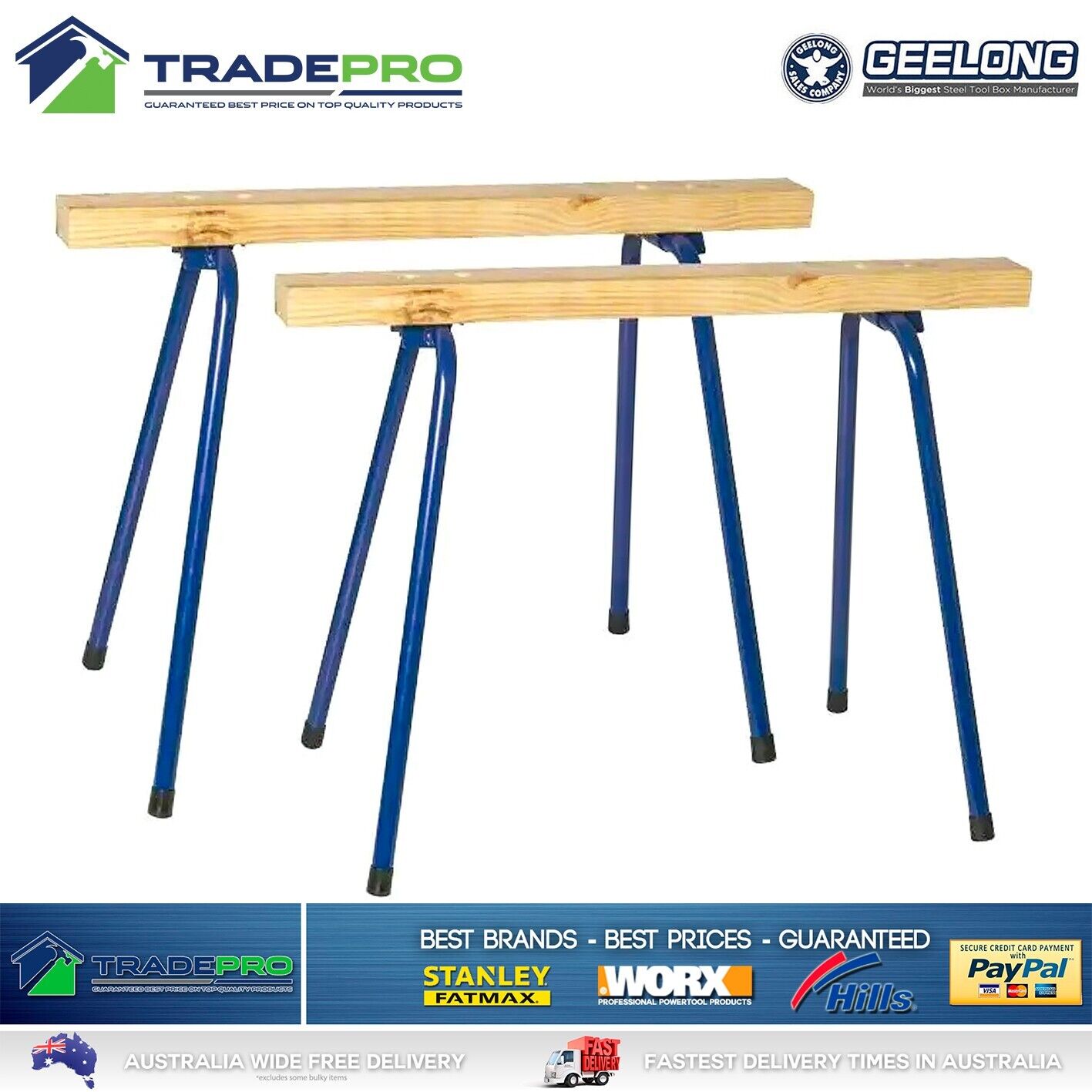 Saw Horse 2pc Pair PRO Trestle Steel Foldable Work Bench Stand Support Legs