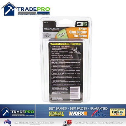 Tie Down Cam Buckle 4Mtr 2PC Trade Quality 650kg Quick Release Heavy Cargo Strap