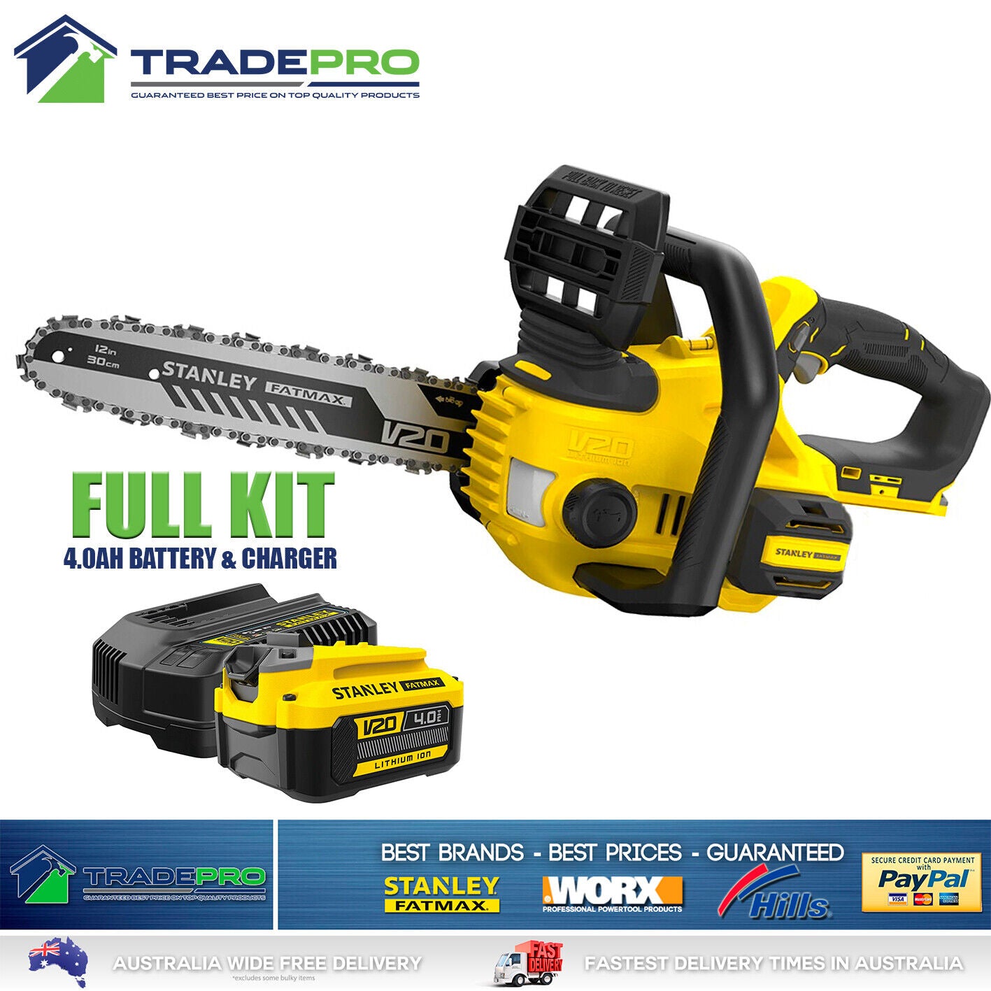 Stanley® Fatmax Chainsaw 18V Kit with PRO 4.0AH Battery 30cm Chain Saw Bar Tree