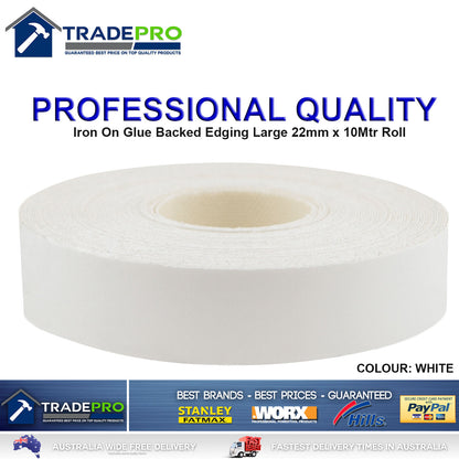 White Melamine Edge Tape 22mm x 10m ICON® Iron On Glued Veneer Edging Laminate