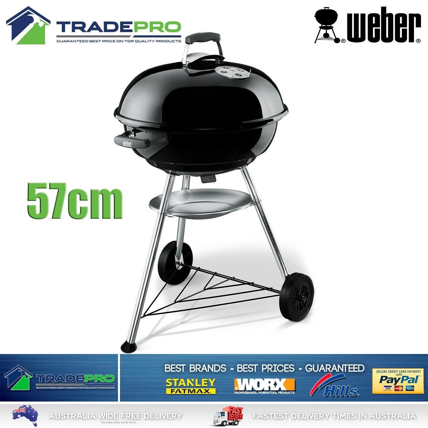 BBQ Weber Charcoal Kettle 57cm Grill with Hood &Wheels Black Barbecue Portable
