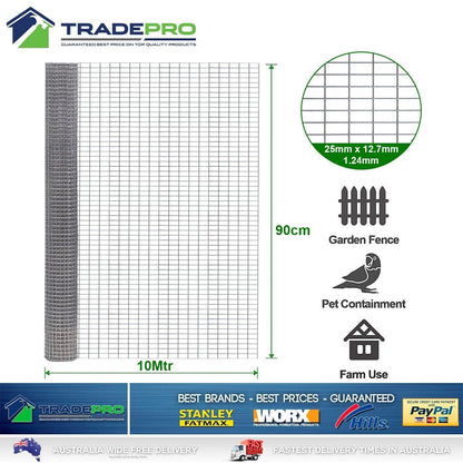 Wire Mesh Fence Welded Galvanized Bird Aviary Vermin Snake 10m x 900mm 25mmx12.7