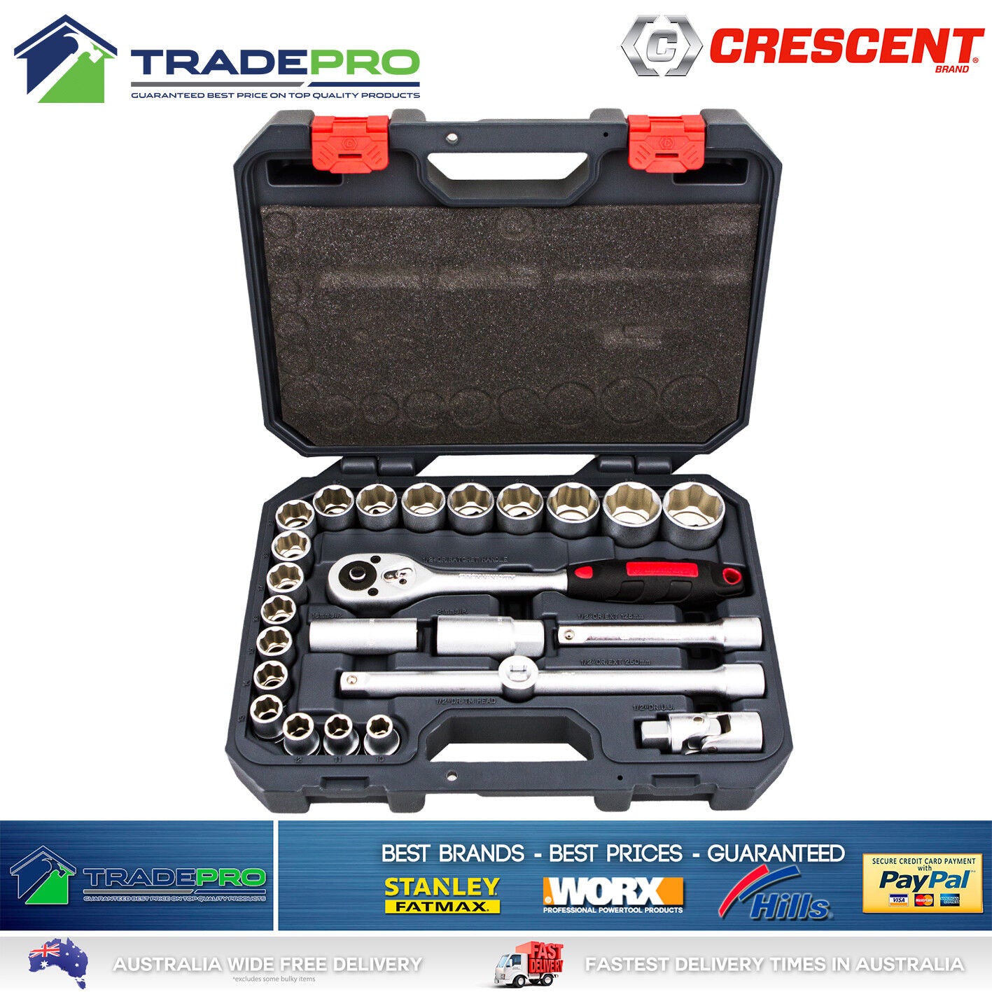 Crescent PRO Socket Set 25pc 1/2" Drive Quick Release Metric Heavy Duty Mechanic