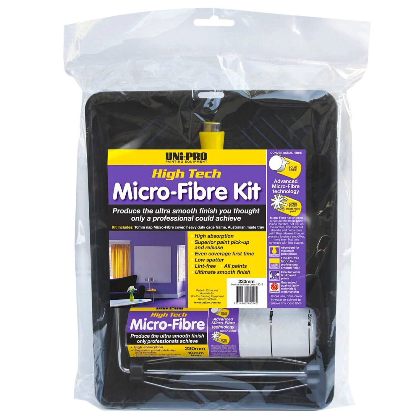 Paint Roller Kit Uni-Pro Micro-Fibre 230mm Cover & Tray Heavy Duty Set PRO