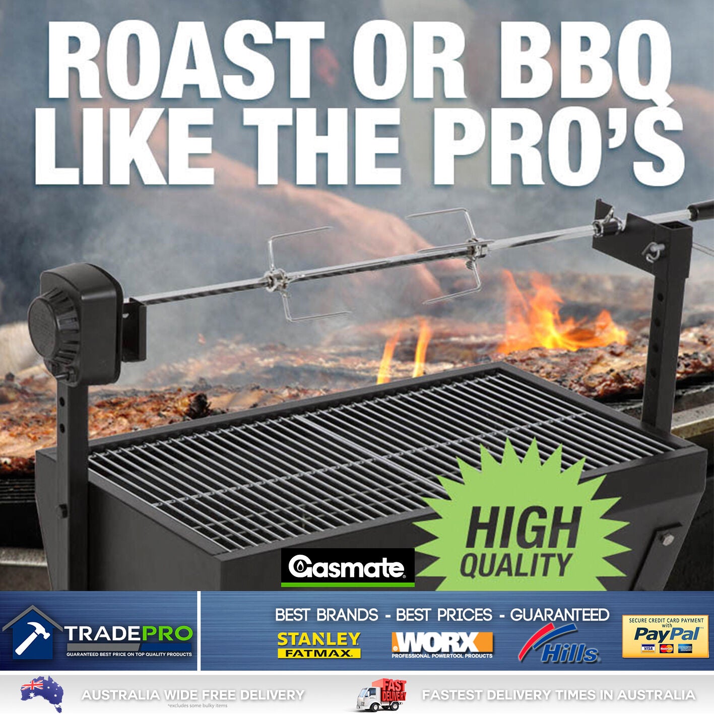 Spit Roaster Rotisserie BBQ Full Size Charcoal Grill Quality Heavy Duty 650mm