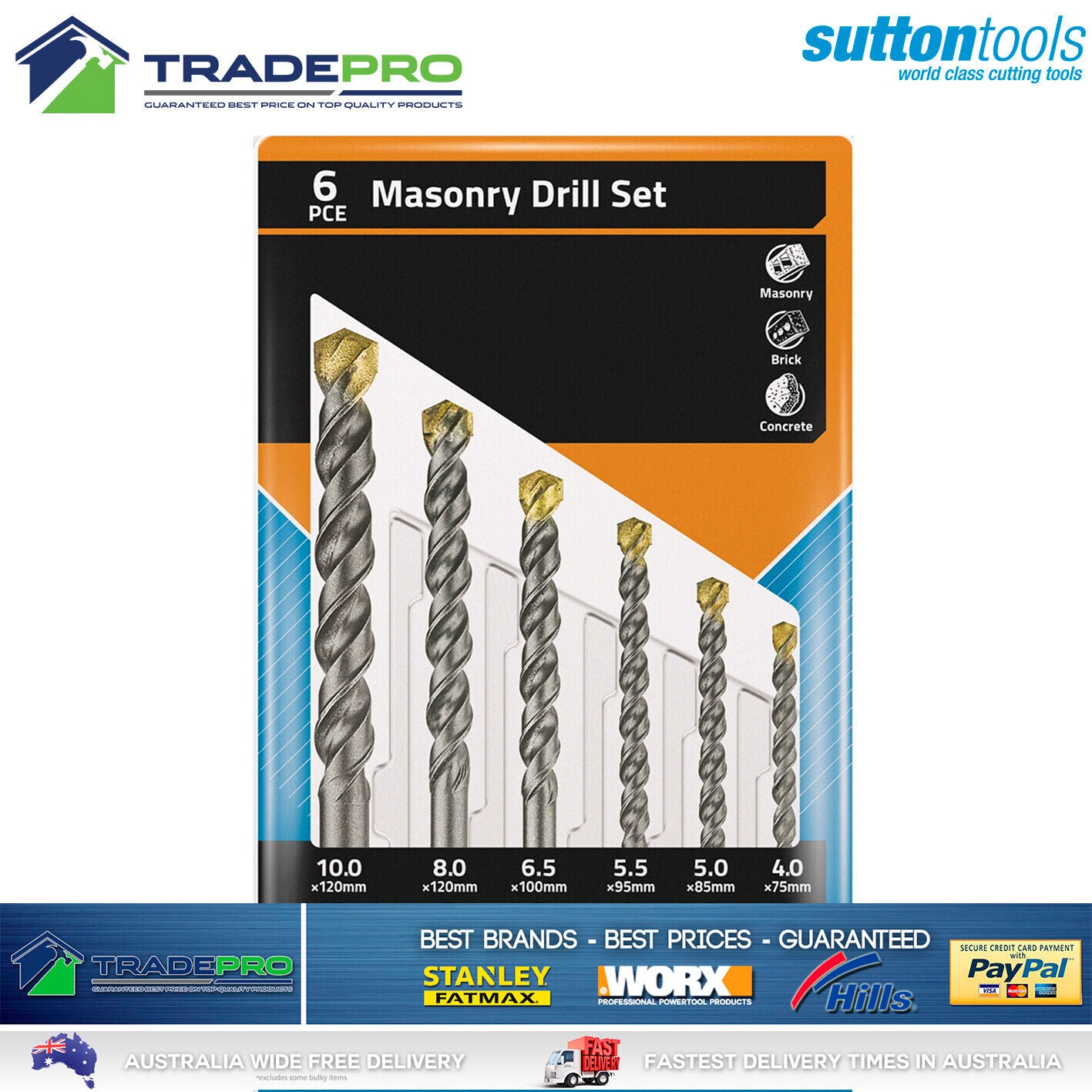 Genuine Sutton 6pc Masonry Drill Bit Tool Set With Case Concrete Tiles Bricks