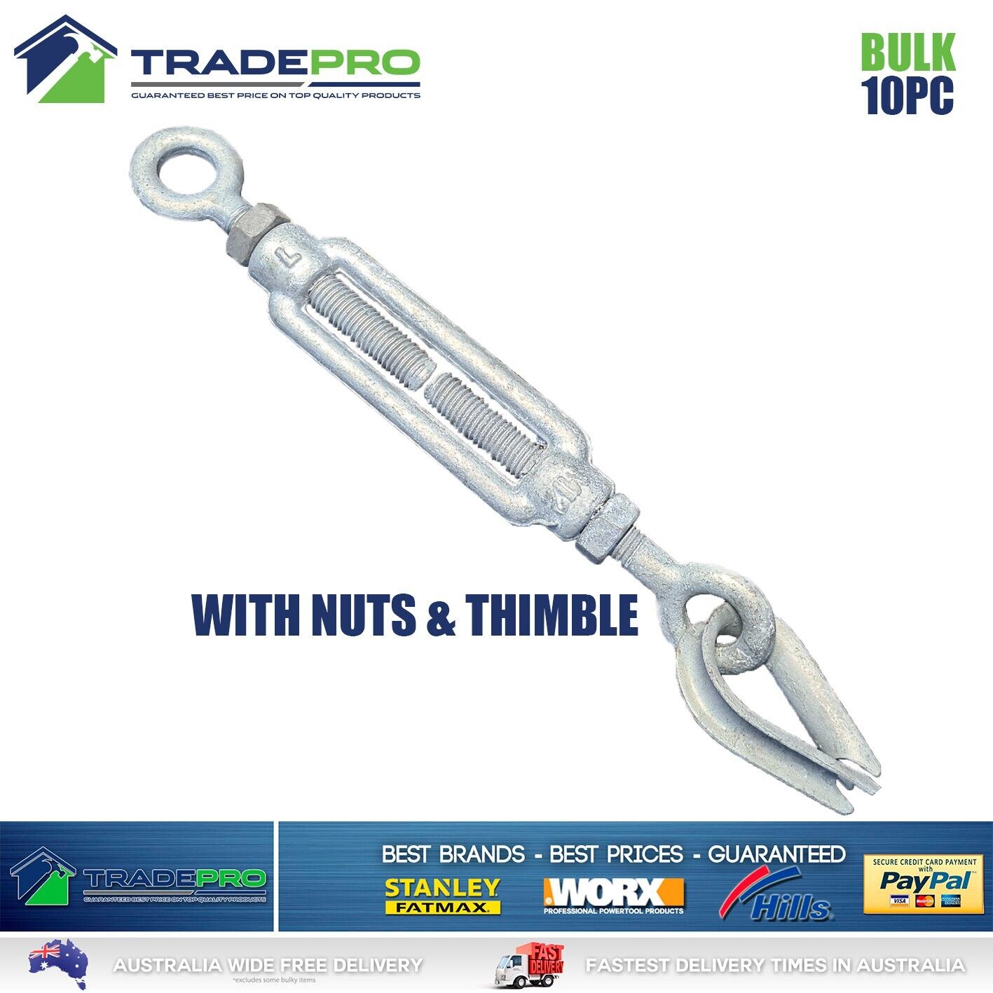12mm Galvanised Head And Eye Turnbuckle Thimble Kit Rope Tie Down Bulk 10PC PRO