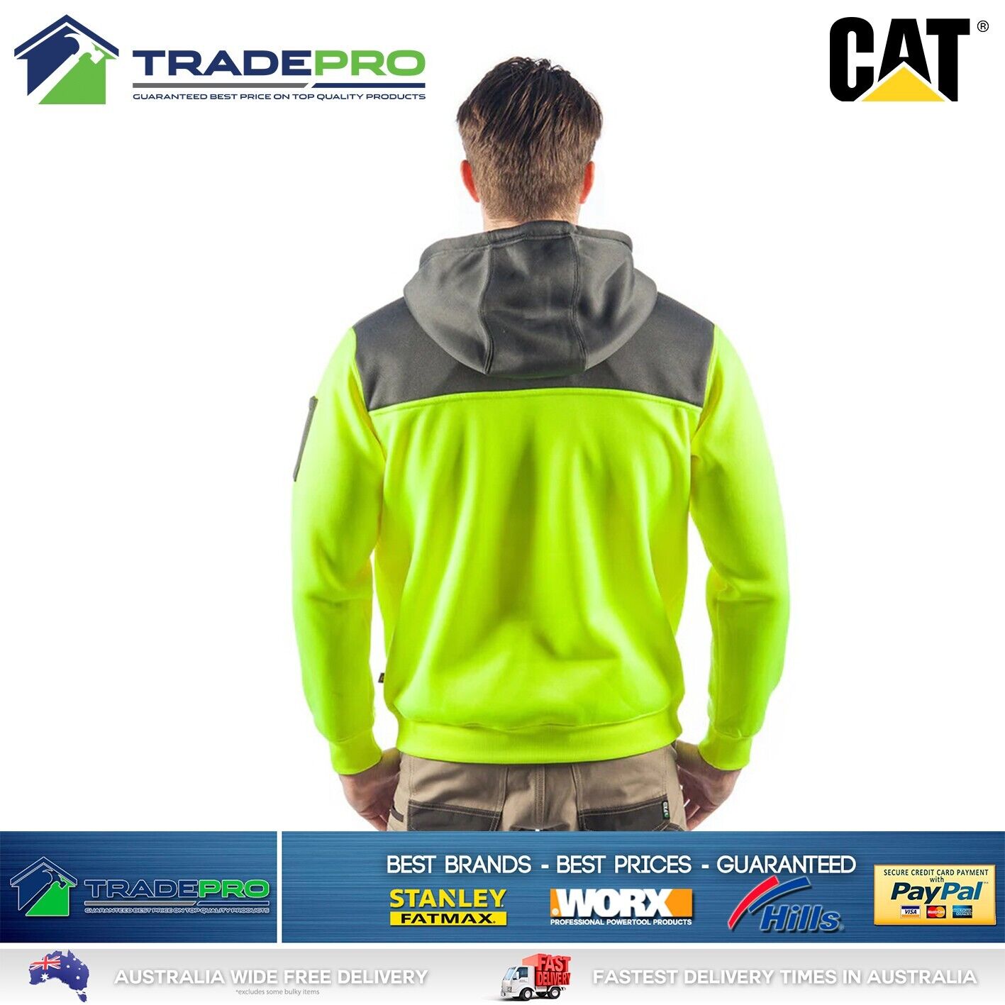 CAT Caterpillar Mens Genuine Hoodie Yellow Hi-Vis 1/4 Zip Jumper Workwear Small
