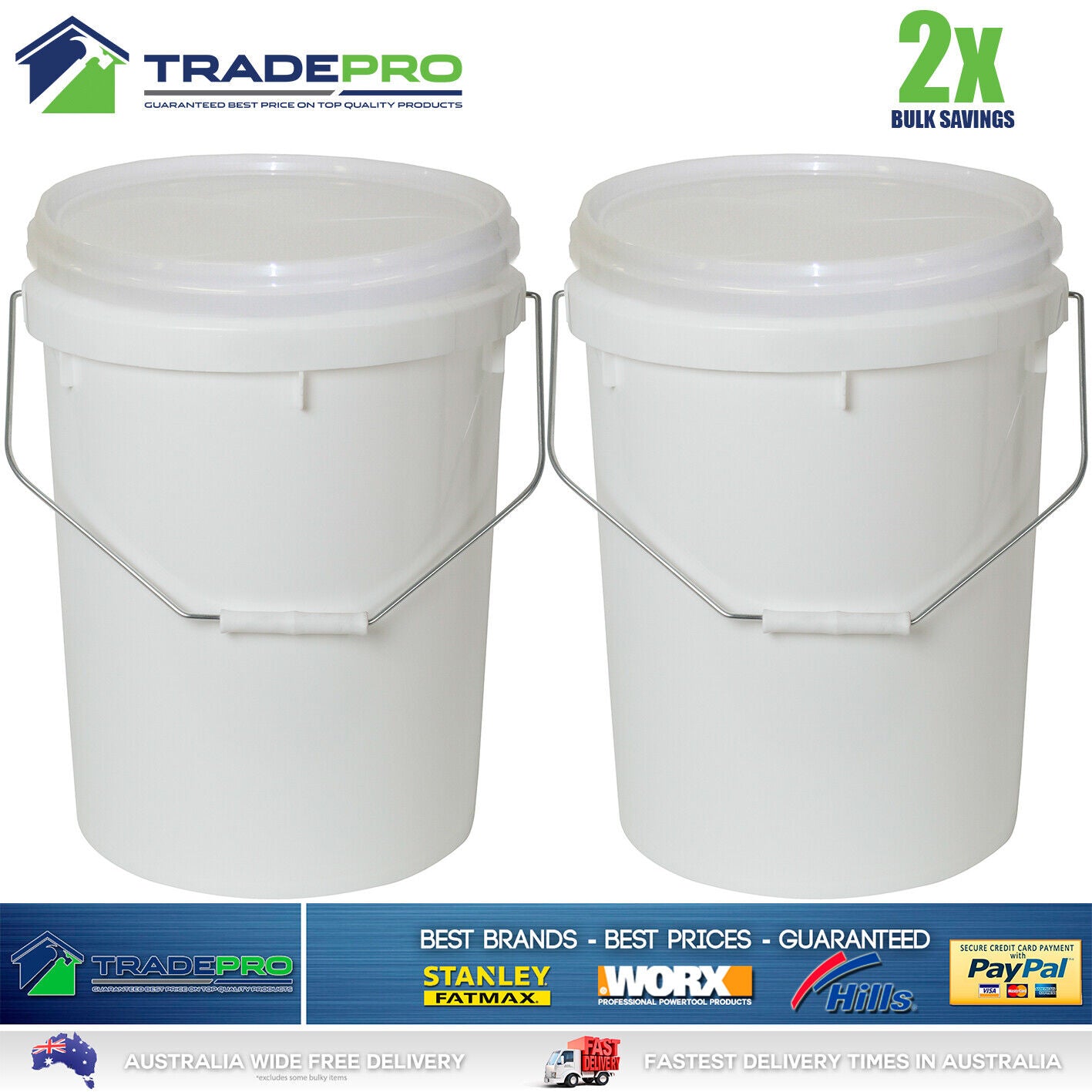 2x Quality Bucket with Lid & Handle 20Ltr H/Duty Premium Plastic Food Grade 20L