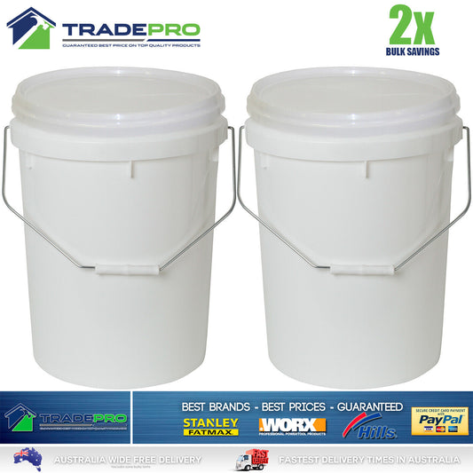 2x Quality Bucket with Lid & Handle 20Ltr H/Duty Premium Plastic Food Grade 20L