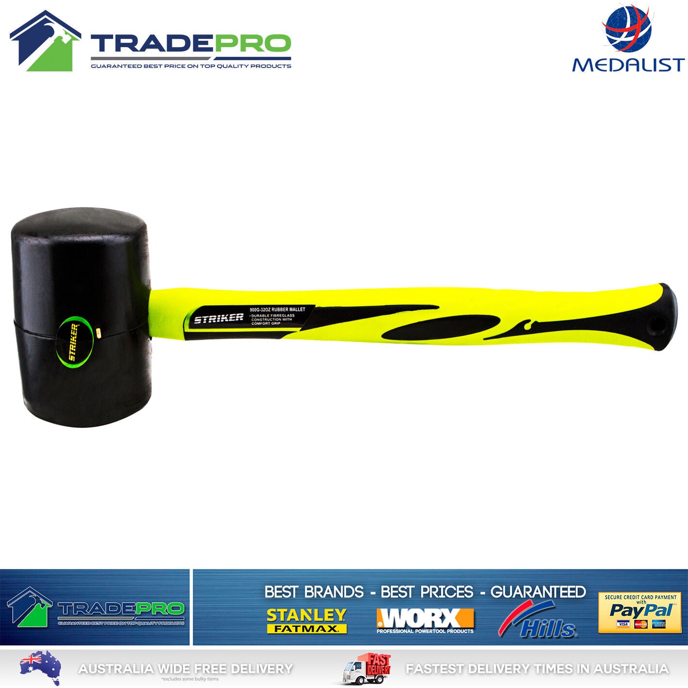 Rubber Mallet Hammer 900g 32oz Genuine Striker® PRO H/Duty Fibreglass Handle