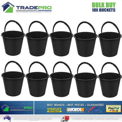 10x Plastic Bucket with Handle Black 10Ltr Buckets Pail Camping Cleaning Bulk
