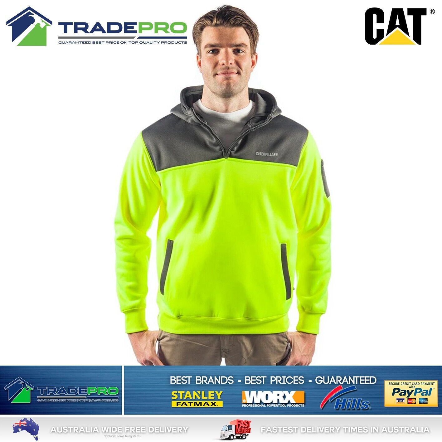 CAT Caterpillar Mens Genuine Hoodie Yellow Hi-Vis 1/4 Zip Jumper Workwear Small