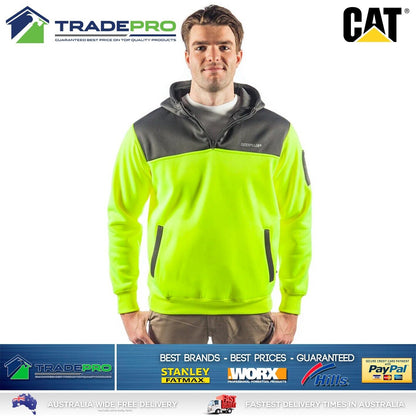 CAT Caterpillar Mens Genuine Hoodie Yellow Hi-Vis 1/4 Zip Jumper Workwear Small
