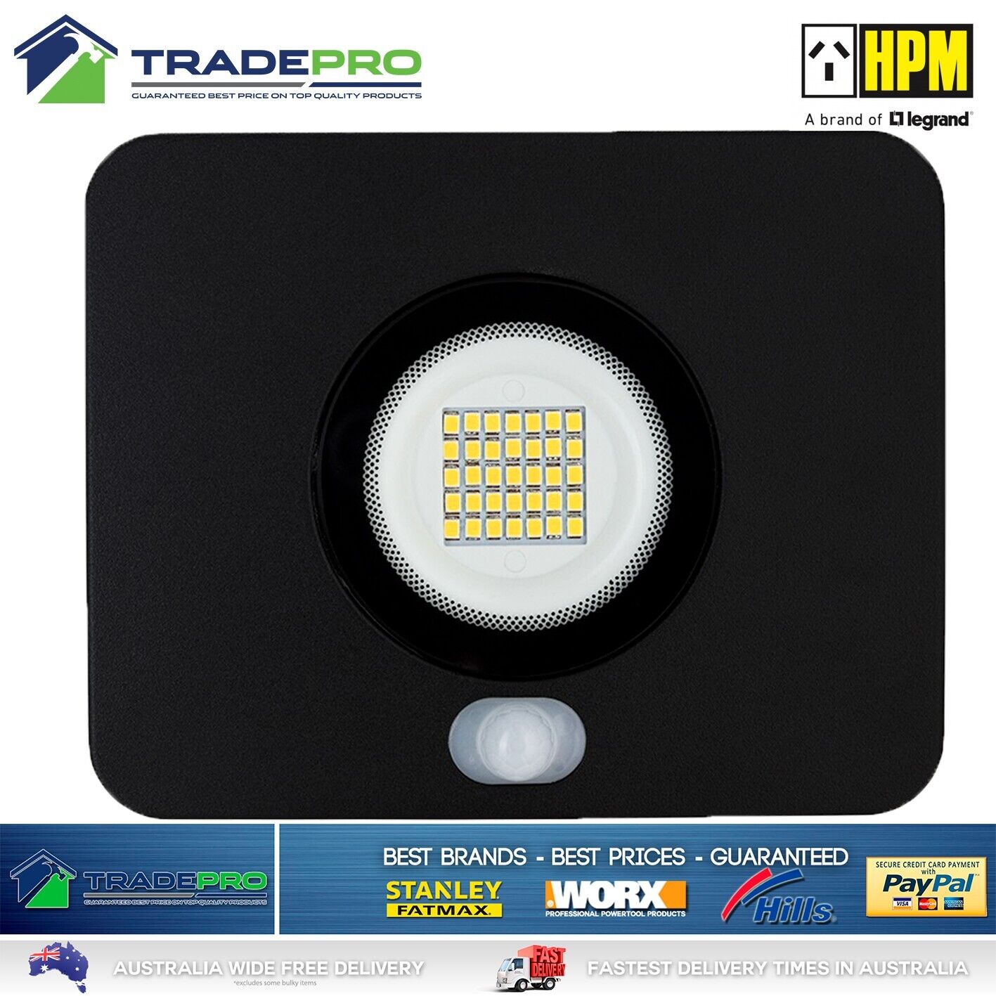 HPM LED Light Floodlight Slim Black 20W Sensor Outdoor Security Weather Resist